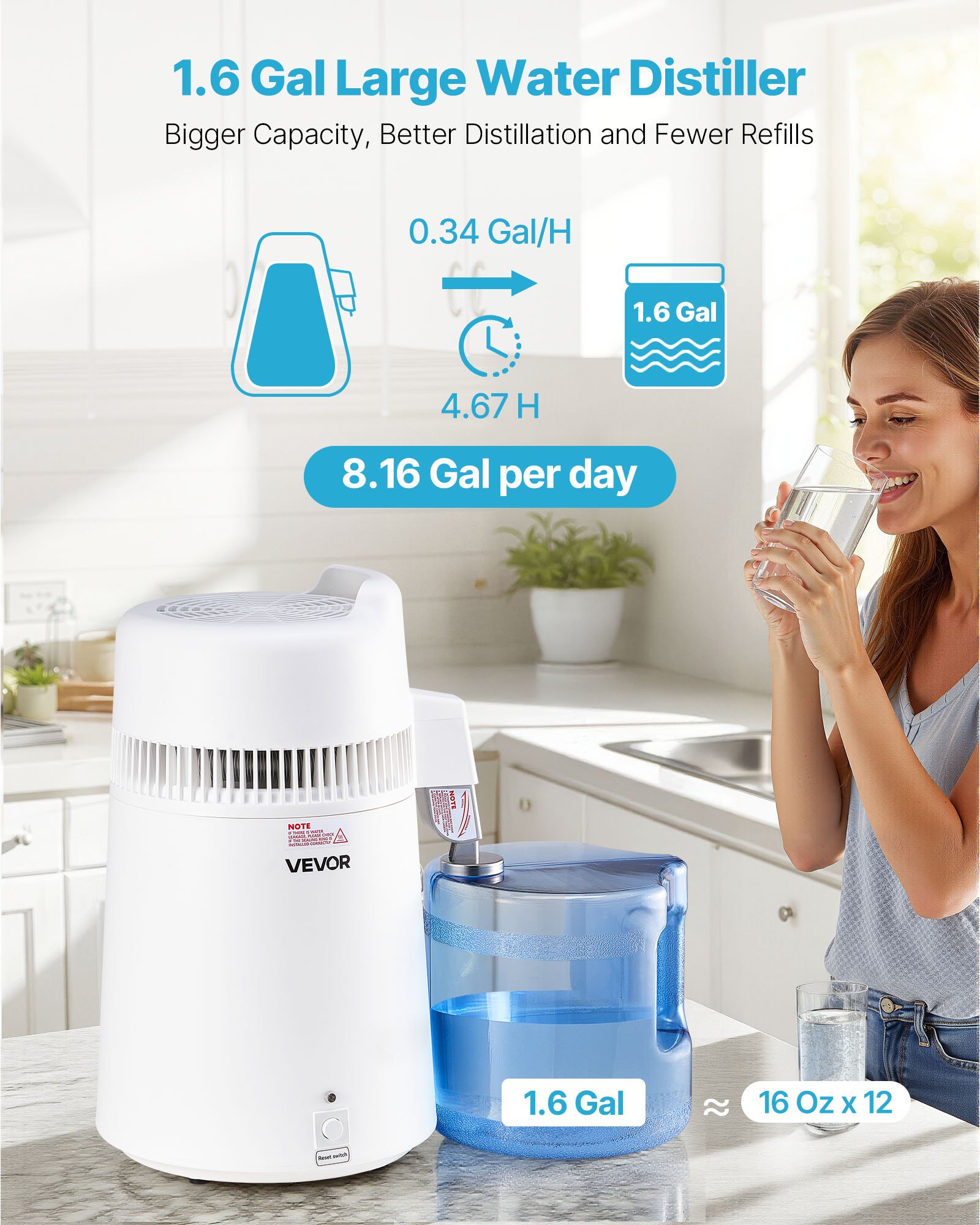 Water Distiller, 6L 1.6 Gallon Larger Pure Water Purifier Filter For Home Table Countertop, 900W Plastic Distilled Maker, Stainless Steel Interior Drinking Machine to Make Clean Waters, White