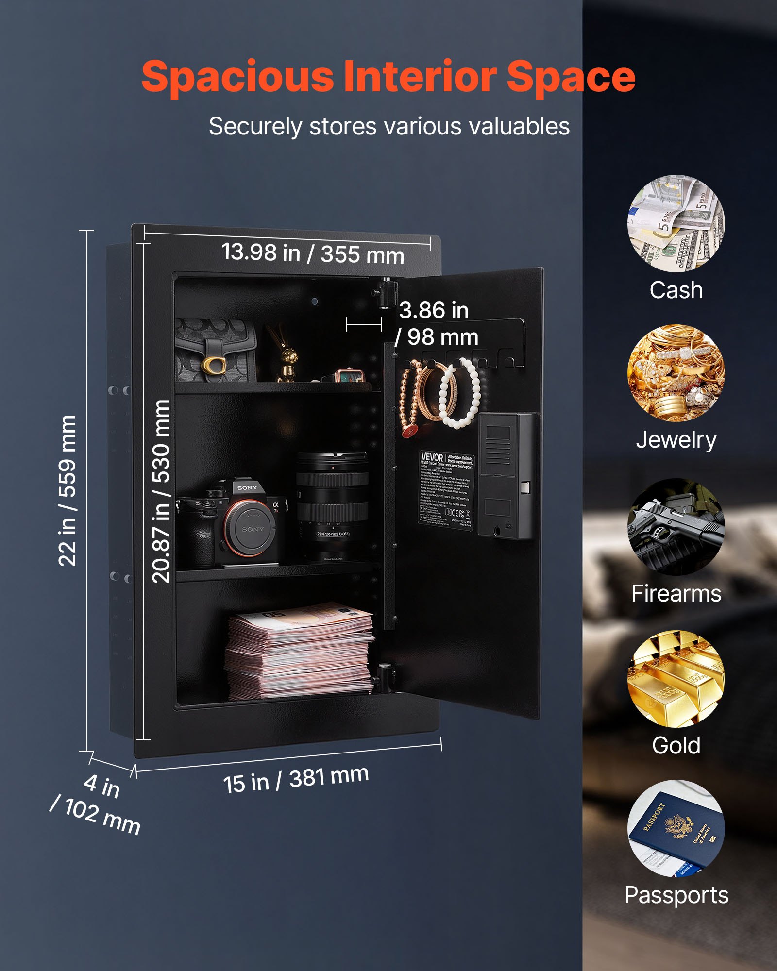 Wall Safe, 3-Tier Hidden Wall Safe with Fingerprint, Password, Key & Turning Knob, Q235 Cold-Rolled Steel In-Wall Box with Adjustable Shelves & Key Holders for Money, Jewelry, Passport, Document