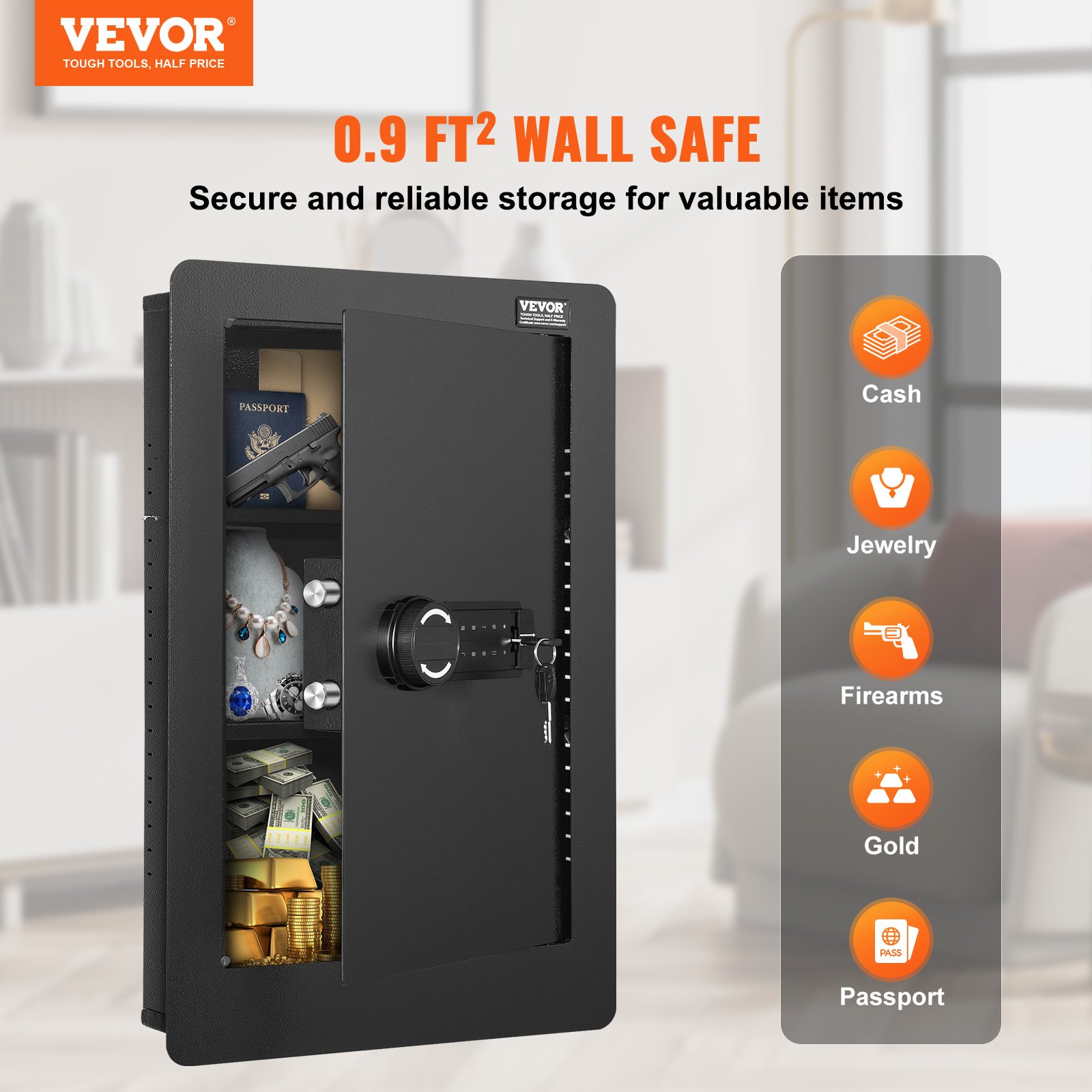 25.59" Tall Wall Safe, 3-Tier Hidden Wall Safe with Keypad, 3 Removable Shelves & 6 Key Holders, Q235 Cold-Rolled Steel In Wall Safe with LED Light & Vibration Alarm for Money, Jewelry, Passport