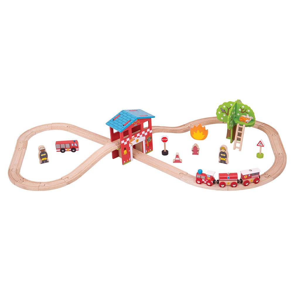 Bigjigs Rail Wooden Fire Station Train Set 39 Piece Emergency Rescue Railway Play Set for Kids