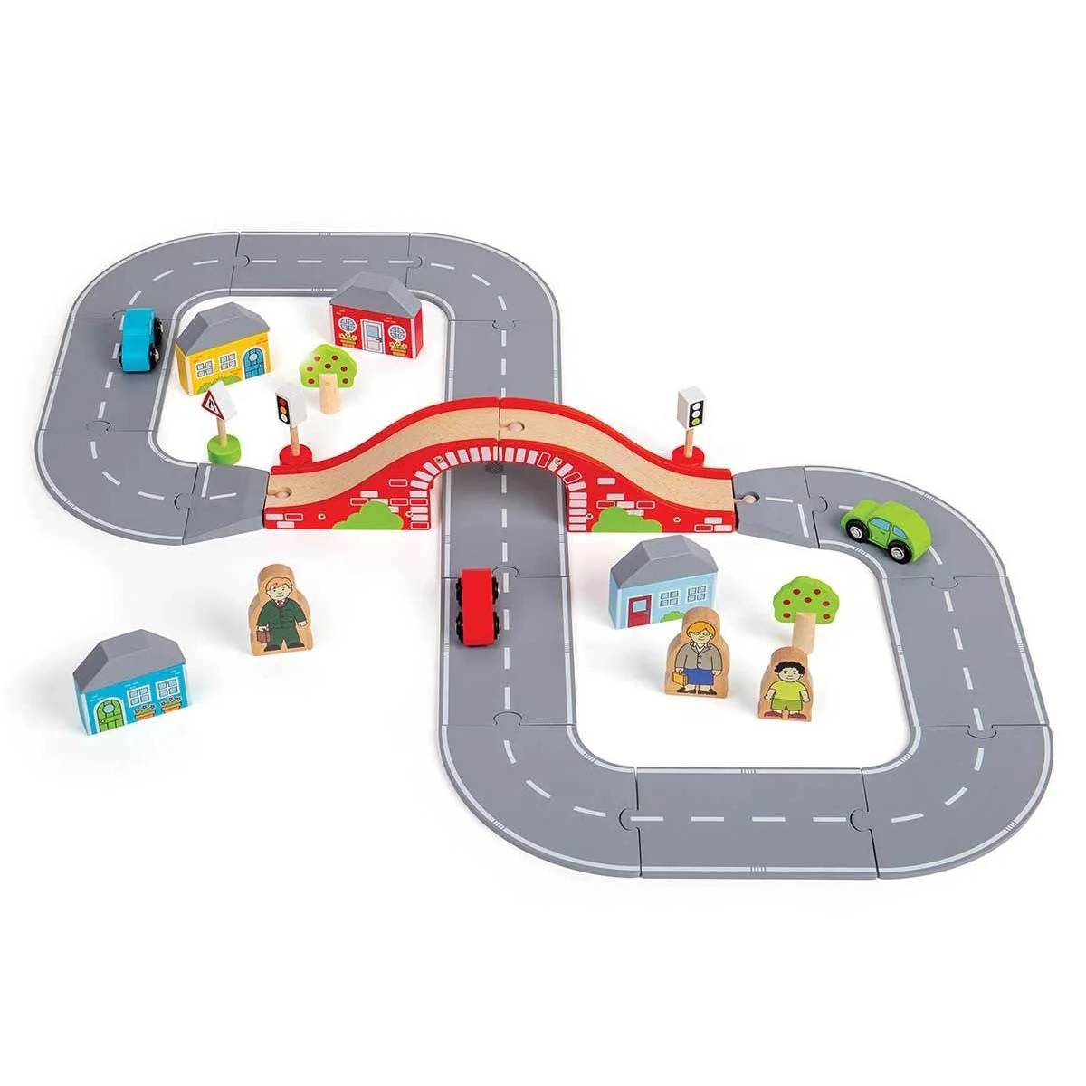 Bigjigs Rail Wooden Figure 8 Road Set Toy Car Track Playset with Accessories