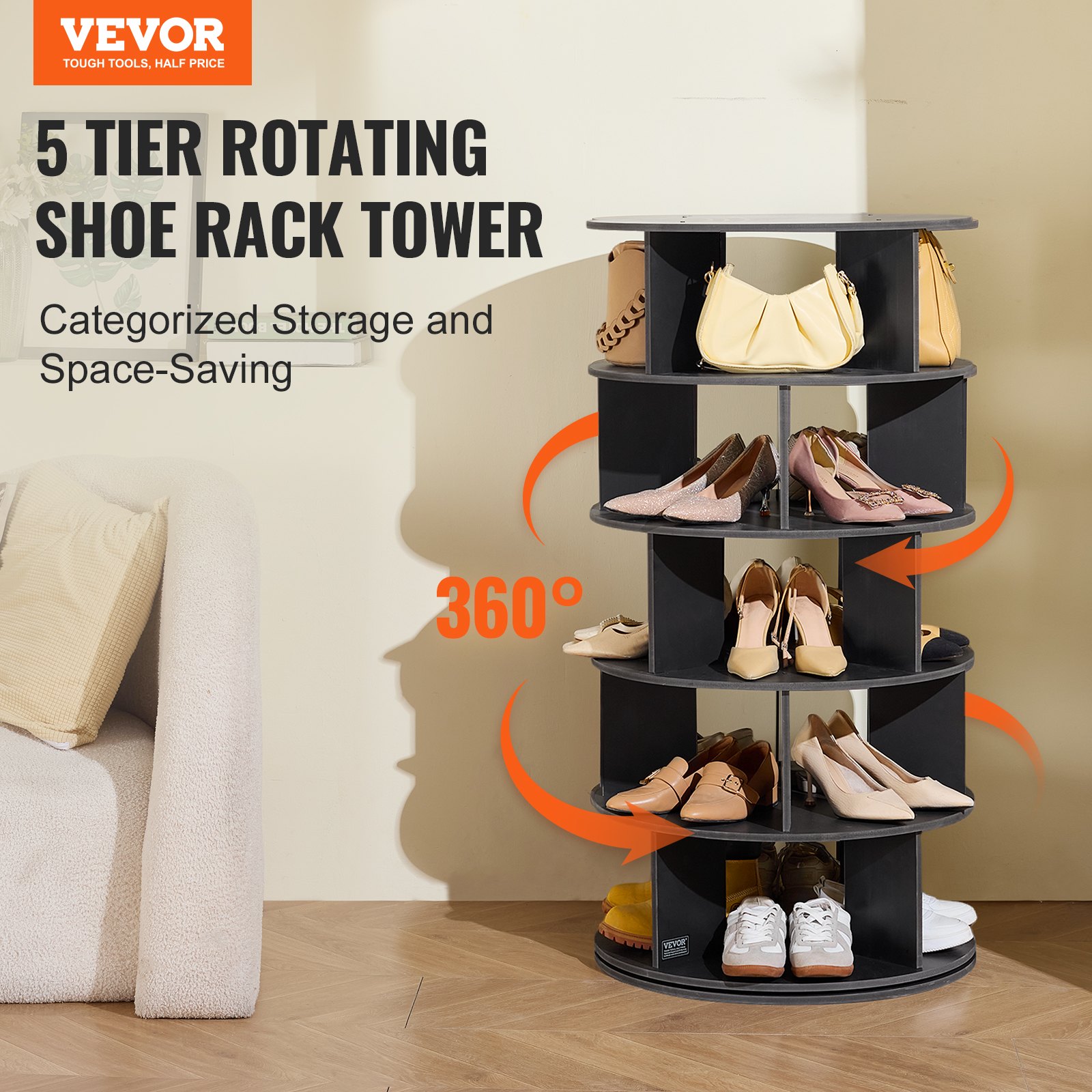5 Tiers Rotating Shoe Rack Tower, 360°Spinning Shoe Display, Revolving Shoe Rack Storage Round Carousel, Lazy Susan Shoe Rack Organizer, Ideal for Bedroom, Living Room, Entryway, Black