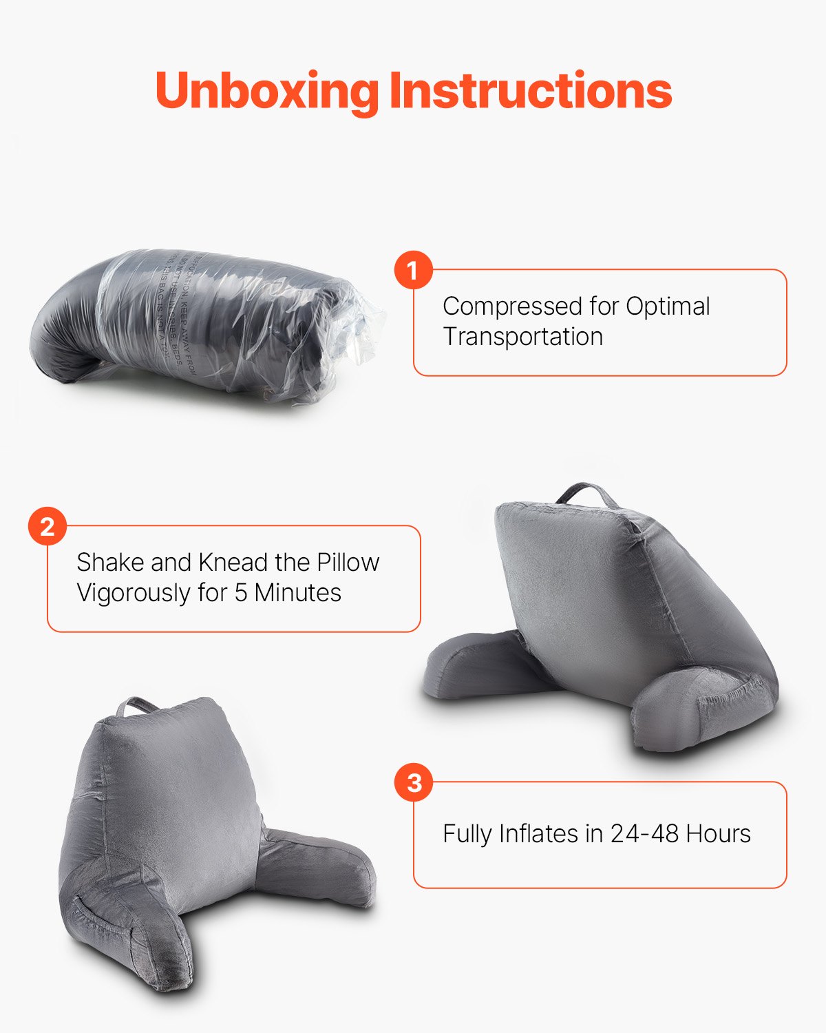 Reading Pillow, Standard Size Bed Pillow with Shredded Memory Foam, Back Pillow with 3 Pockets and Washable Short Velvet Cloth, Top with Handle, for Watching TV, Reading, Gaming, Resting, Grey