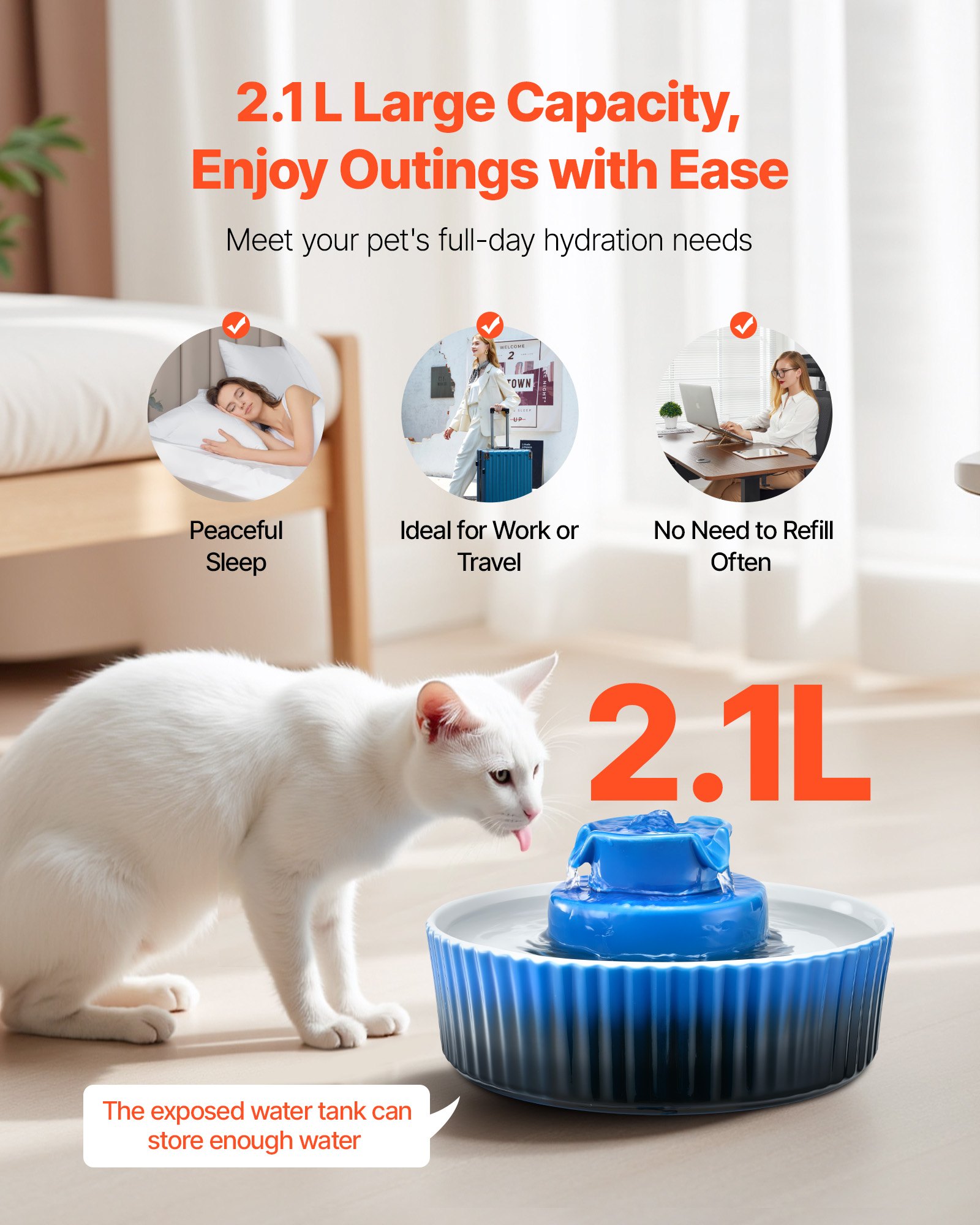 Ceramic Cat Water Fountain, 2.1 L Cupcake Pet Fountain, Porcelain Cat Water Dispenser with Ultra-Quiet Pump, 360° Drinking Area and Multi-Layer Filtration System, for Cats & Dogs Drinking(Blue)