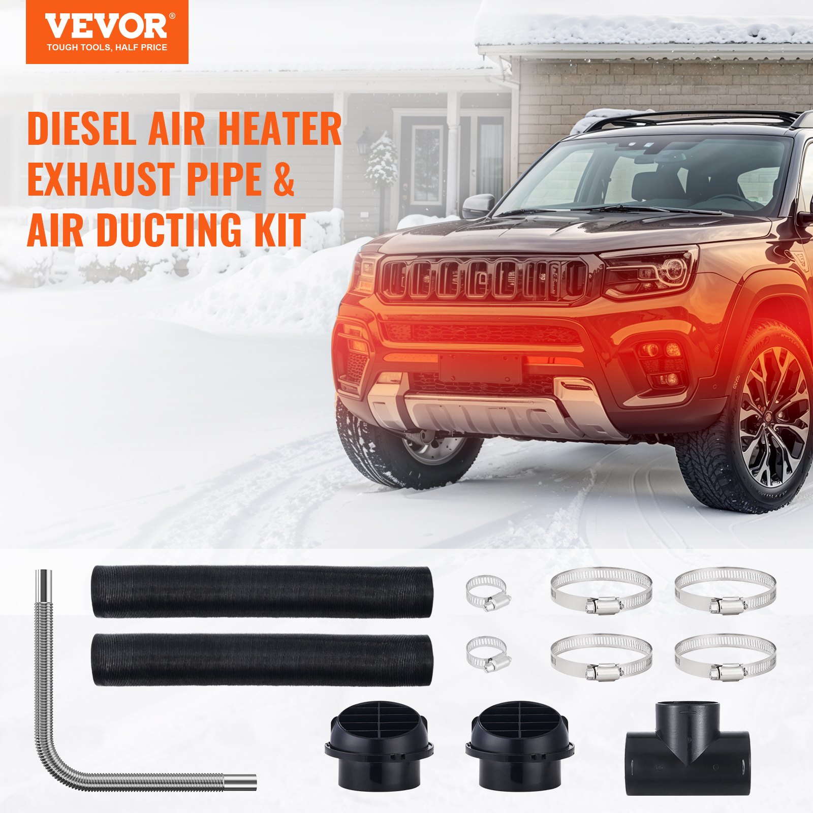 Diesel Heater Pipe Ducting Set, 3" Extendable Air Duct Hose, 1" Stainless Steel Exhaust Pipe, 2 Air Vents, Tee Air Outlet Connector and Hose Clamps, for 2KW/5KW/8KW Diesel Parking Heaters
