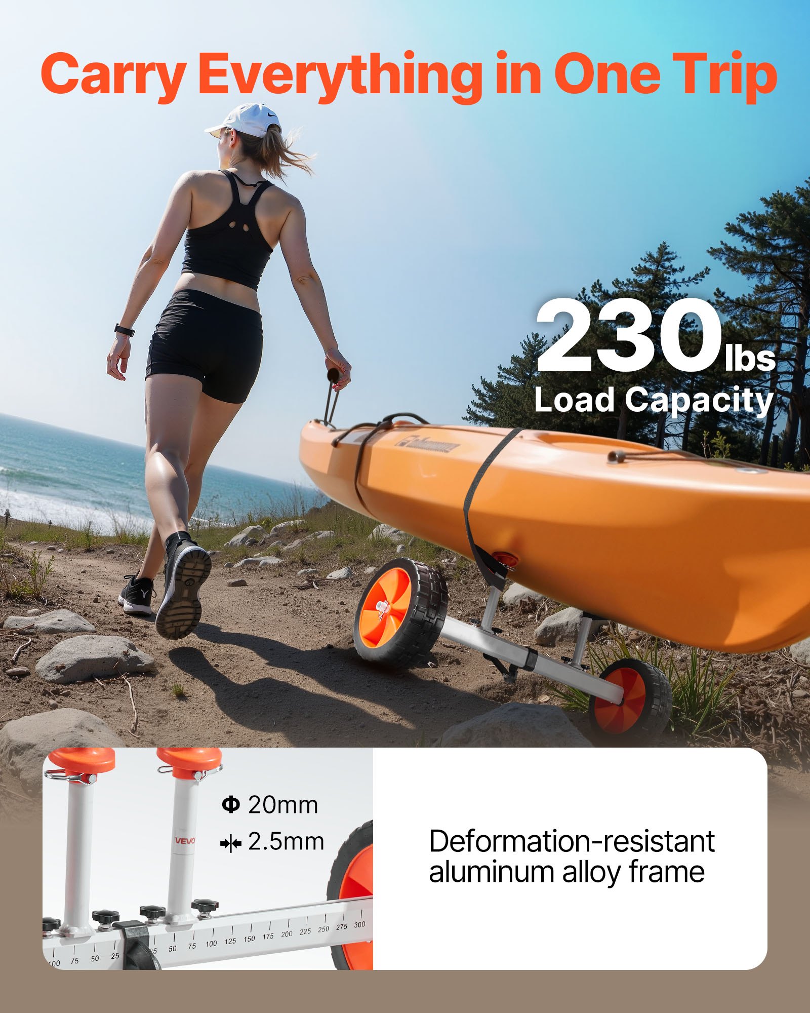 Kayak Cart, 104 kg Load Capacity, Canoe Cart Dolly with 25.4 cm Solid PU Tires & Kickstand, Assembles & Disassembles Within Seconds, Paddle Board Trolley for Kayaks, Canoes, Paddleboards