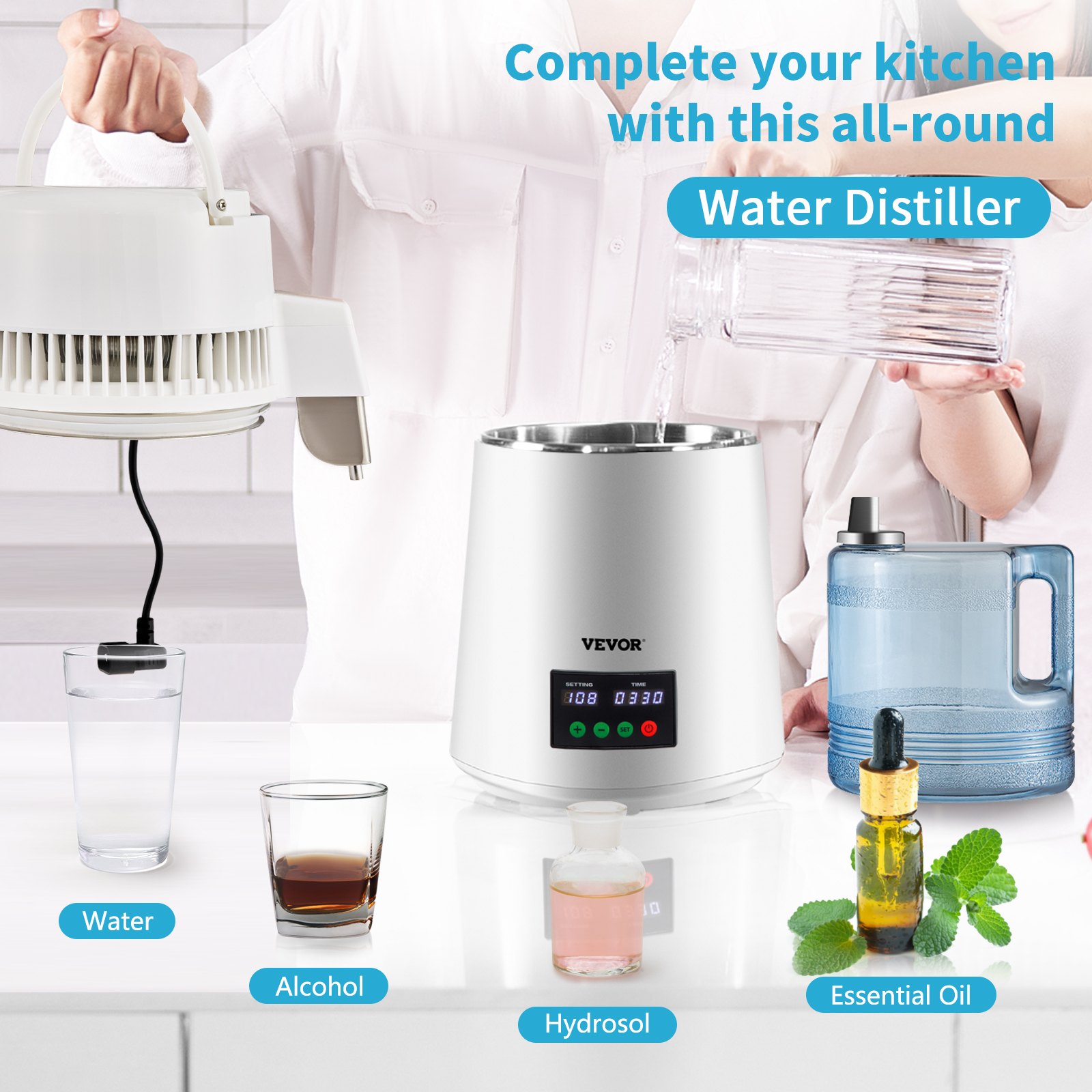 4L/1.1 Gal Brushed 304 Stainless Steel Water Distiller, Countertop Distilled Water Machine with Glass Container, Dual-Temperature Display and Smart Switch, Purifier Filter for Home Office