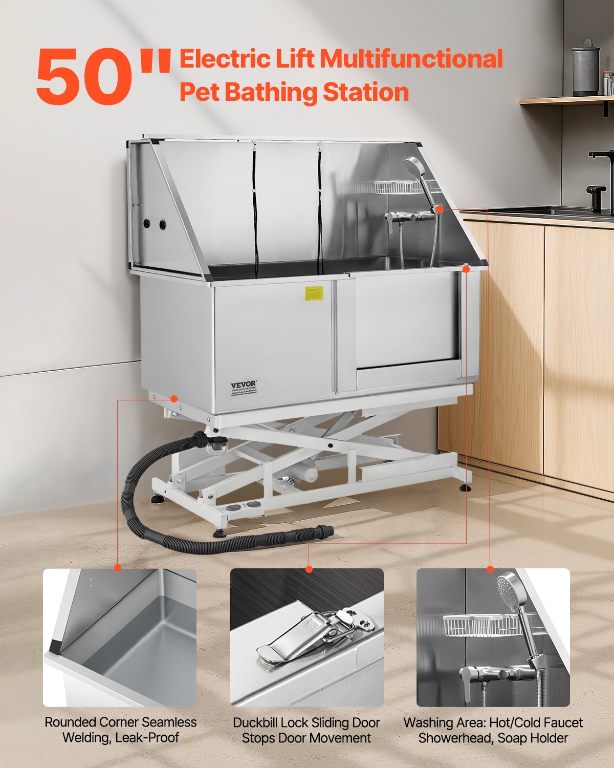 Electric Lift Dog Washing Station, 127 cm Professional Stainless Steel Pet Grooming Tub w/ PE Water Filter Board, Faucet & Showerhead Dog Bathtub Washing Sink for Multiple Pets (Right Door)