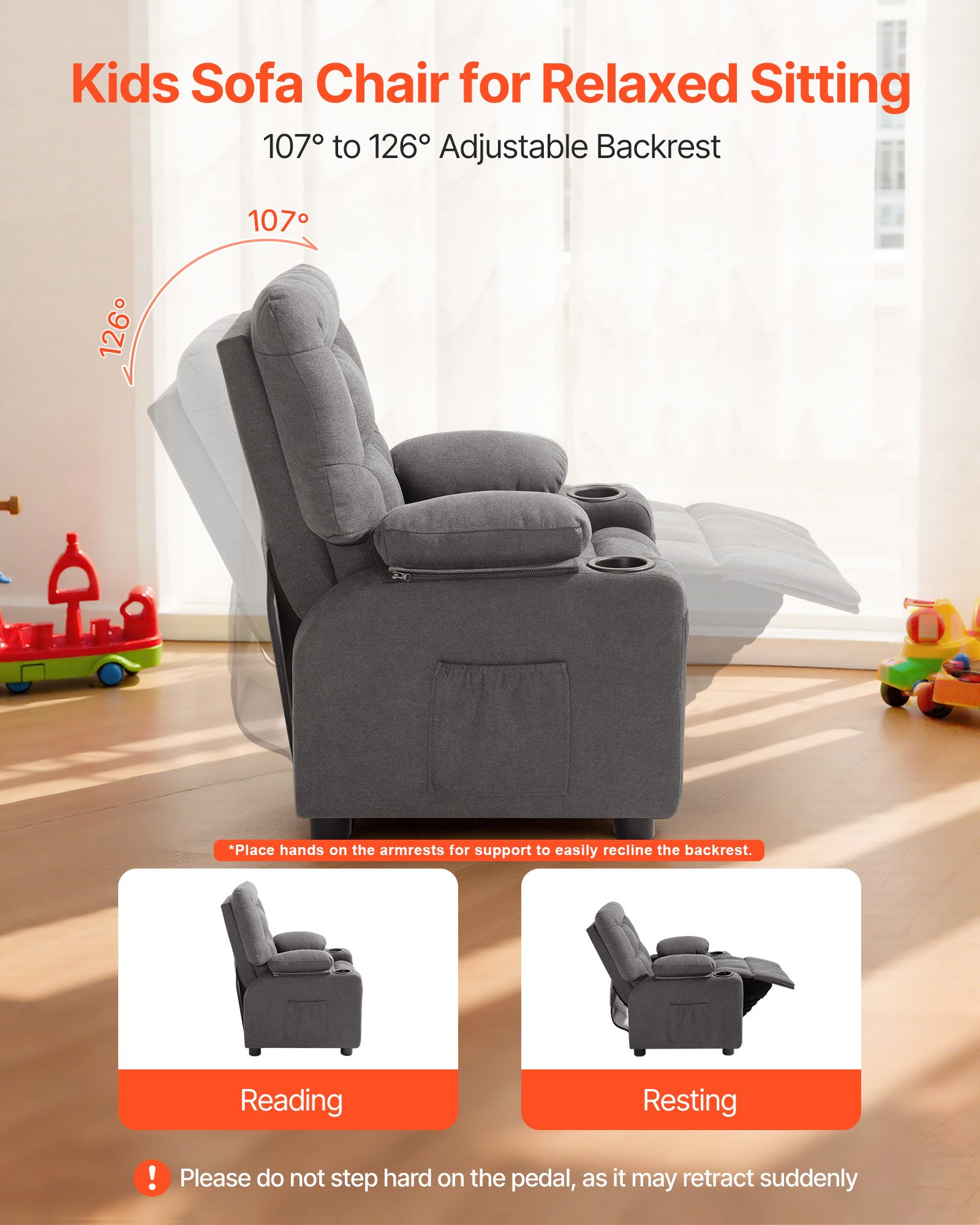 Kids Reclining Chair, Toddler Recliner with Cup Holders and Pockets, 107° to 126° Adjustable Backrest, Breathable Polyester Fabric Recliner Couch with Footrest, for Boys & Girls, Children(Grey)