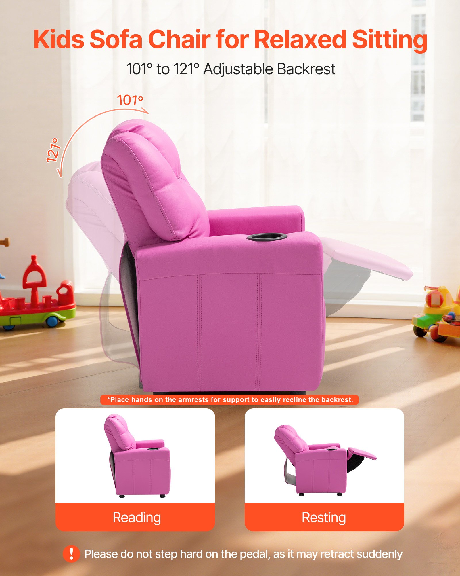Kids Reclining Chair, Toddler Recliner with Cup Holder, 101° to 121° Adjustable Backrest, Easy-to-Clean PU Leather Recliner Couch with Footrest, 41 kg Load, for Boys & Girls, Children (Pink)
