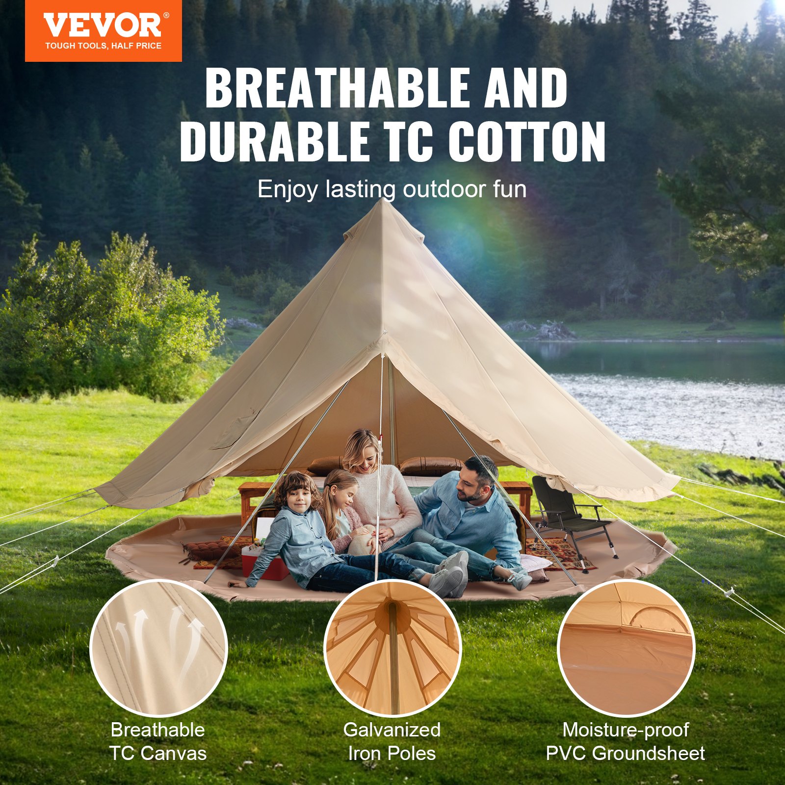 Canvas Bell Tent, 4 Seasons 3 m/9.8ft Yurt Tent, Canvas Tent for Camping with Stove Jack, Breathable Tent Holds up to 4 People, Family Camping Outdoor Hunting Party