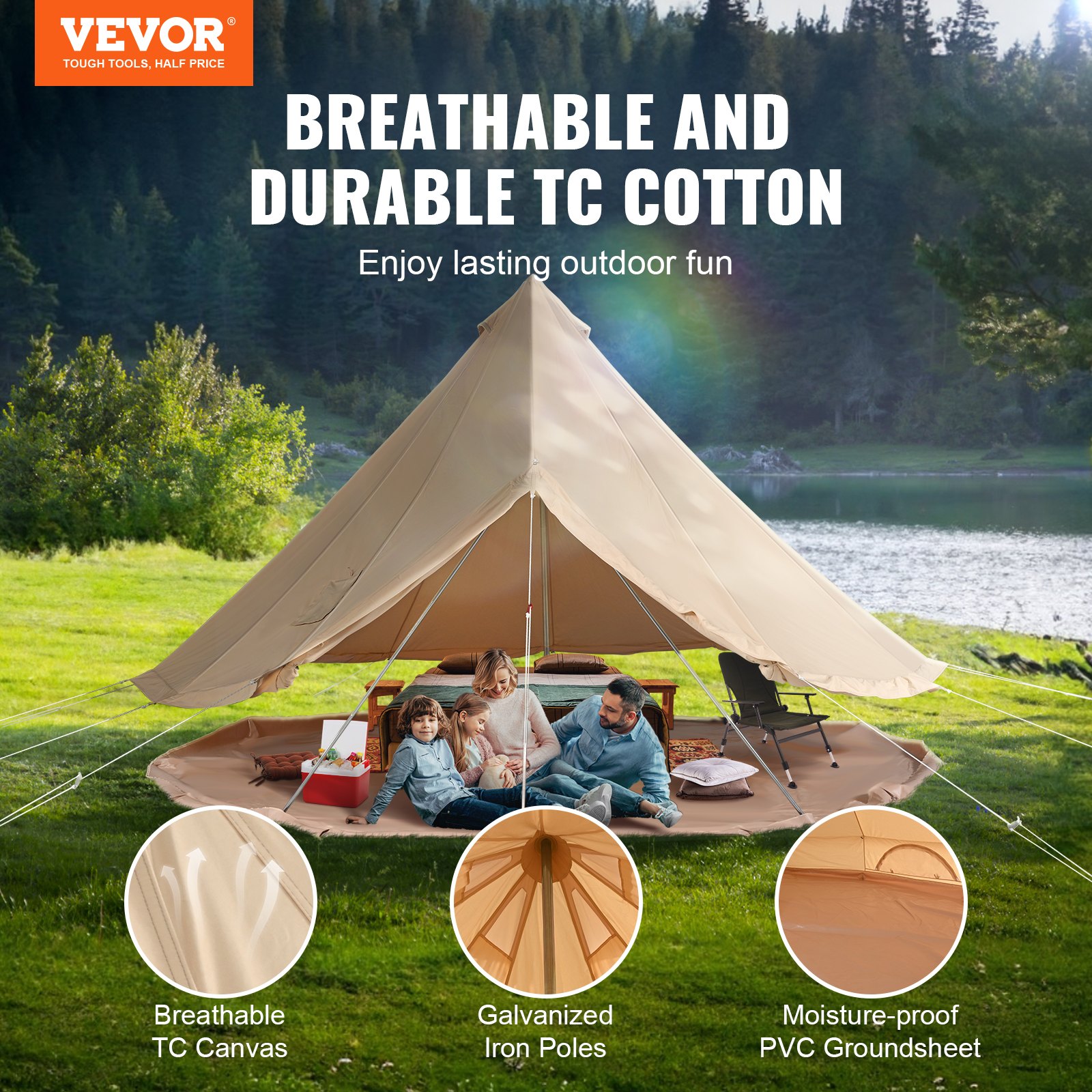 Canvas Bell Tent, 4 Seasons 6 m/19.68 ft Yurt Tent, Canvas Tent for Camping with Stove Jack, Breathable Tent Holds up to 10 People, Family Camping Outdoor Hunting Party