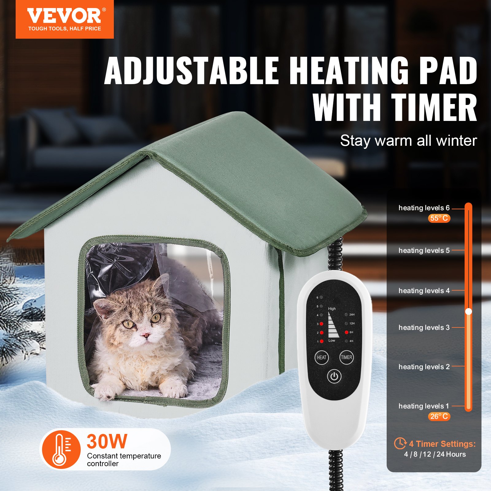 Elevated Heated Cat House, Outdoor Kitty Shelter with Timer, 600D Oxford Cloth Foldable Cat Shelter with Heated Pad for Winter to Stay Warm and Cozy, Green (Small)