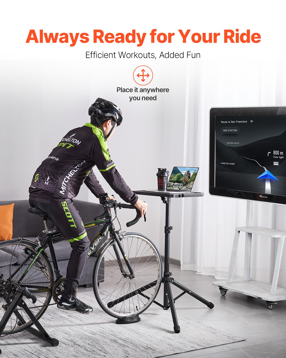 Cycling Desk, Stationary Foldable Adjustable Bike Trainer & Treadmill Desk with Triangle Support, Non-Slip Multi-Slot Bike Trainer Fitness Desk with Handle Bar, Fit for Home Office Exercise