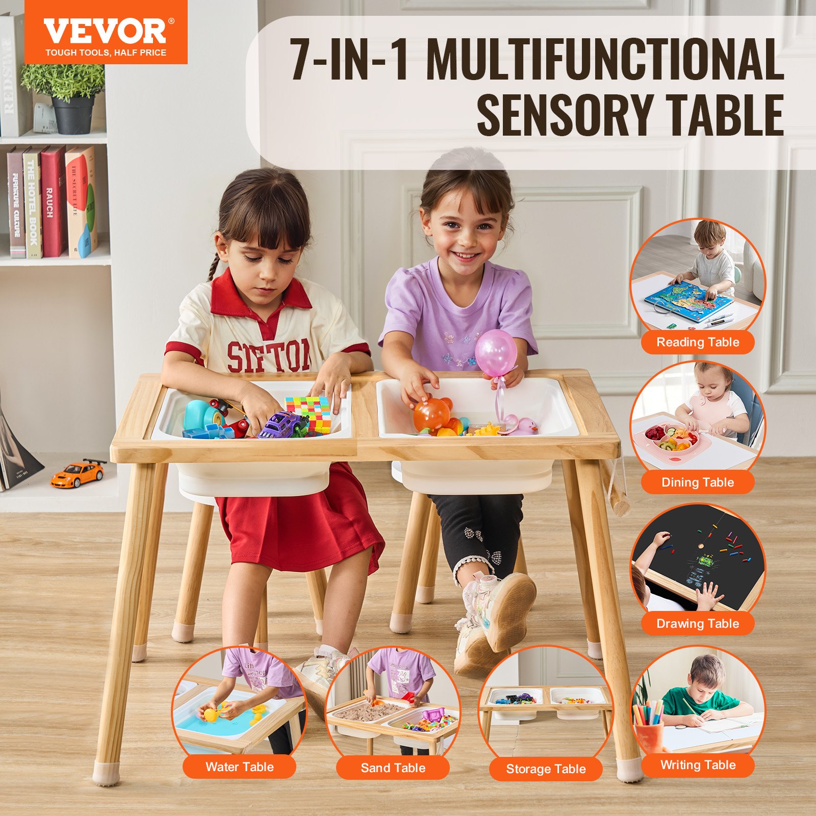 Sensory Table and Chairs Set, Toddlers Activity Table with 2 Stools, 2 Storage Bins & Paper Roll Holder, Indoor/Outdoor Play Sand and Water Table, Wooden Kids Sensory Table - Gift for Boys Girls