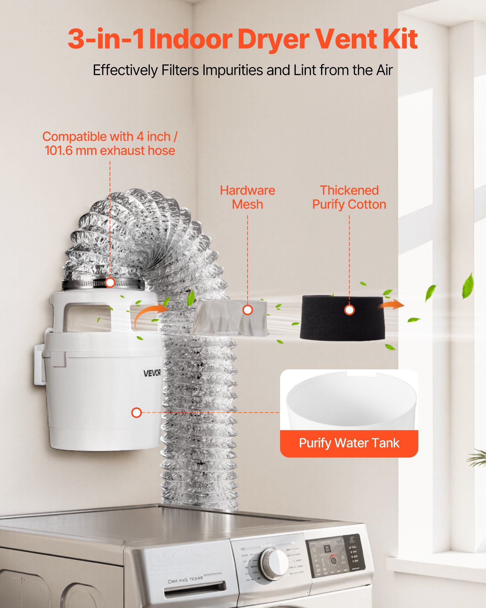 3-in-1 Indoor Dryer Vent Kit, with Bucket for Electric Dryer with 101.6 mm by 5-Feet Extendable Exhaust Hose, Premium Quality & Light Weight & No Extra Accessories Required for Apartments, RVs