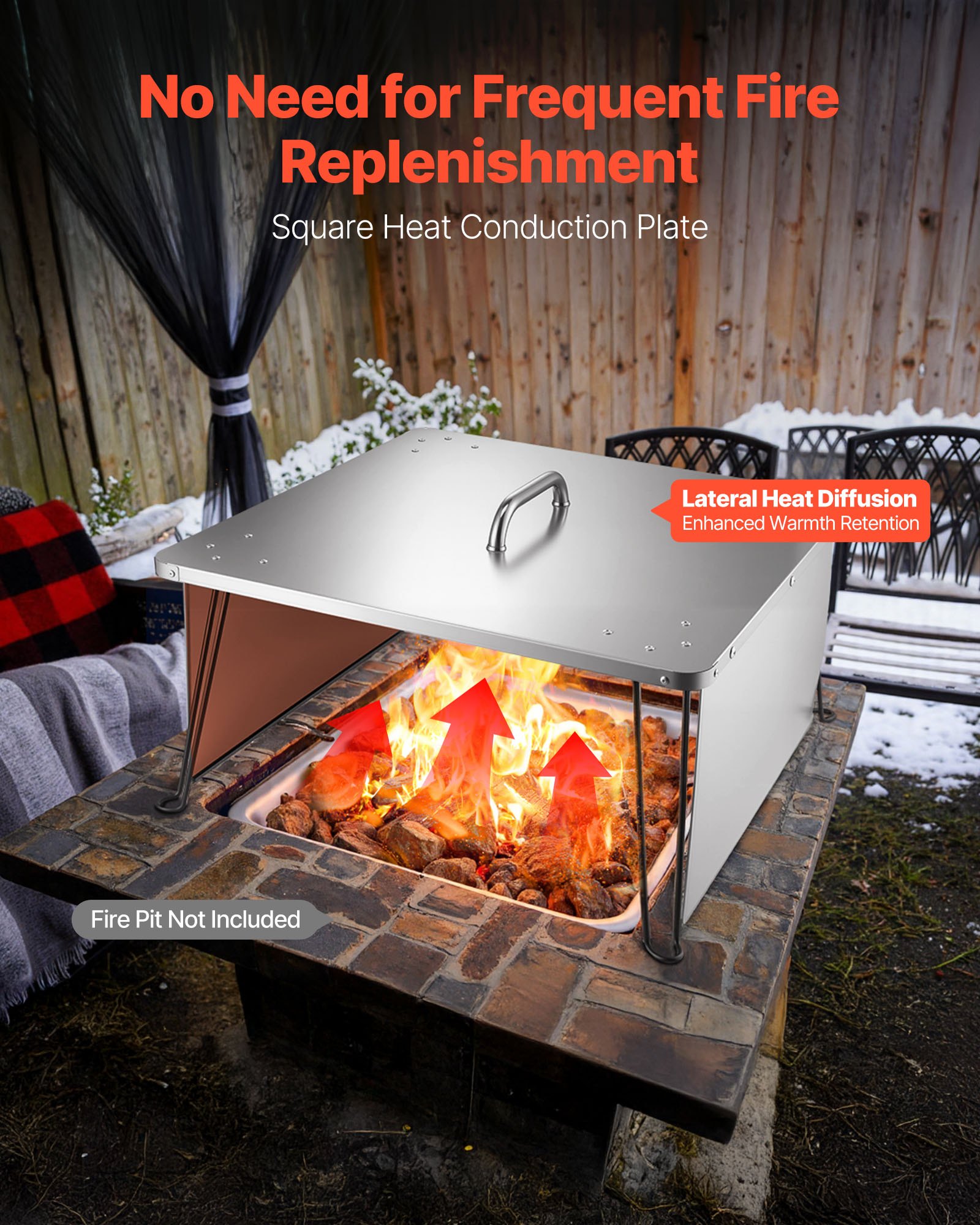 Fire Pit Heat Deflector, 645x645x370 mm Square Outdoor Burner Cover, Stainless Steel Bonfire Camping Wood Burning, Push Heat Down and Out with 4 Foldable Legs & Carrying Handle