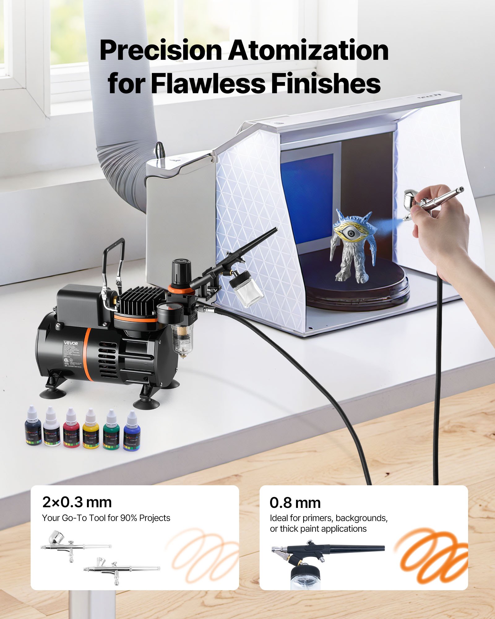 Airbrush Kit, 1/6 HP, Air Brush Kit with Air Compressor, 3 Dual-Action Professional Airbrushes with 3 Tips, Hose, Acrylic Paint, 2 Fans, Low Noise, for Cake Decorating, Model Painting, Nail Art