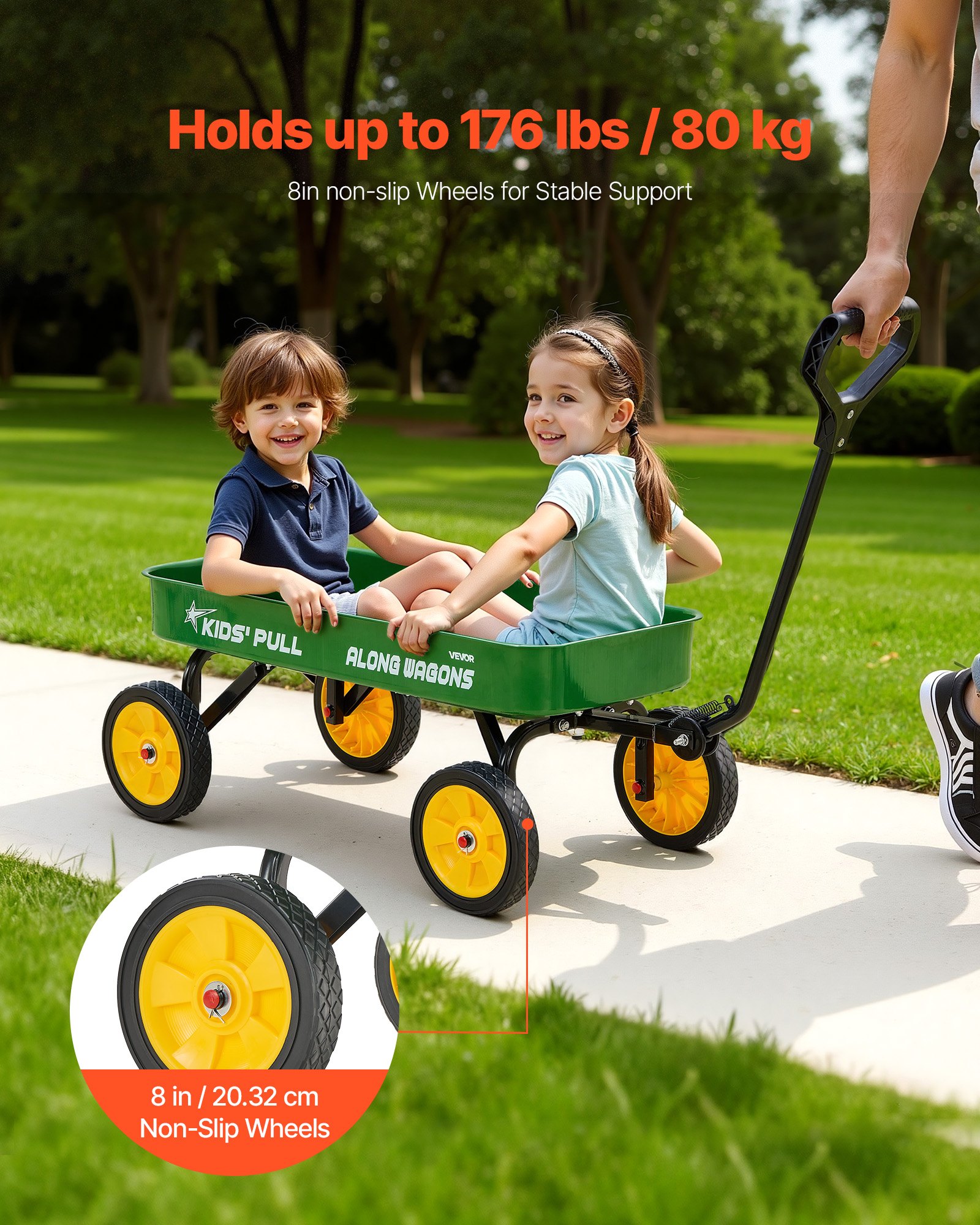 Pull-Along Wagon for Kids, 101 cm Toddler Wagons, Supports up to 80kg, All-Terrain Wagons with Handle, Utility Wagon Cart Birthday Present for Kids Gardening Beach Camping, Green