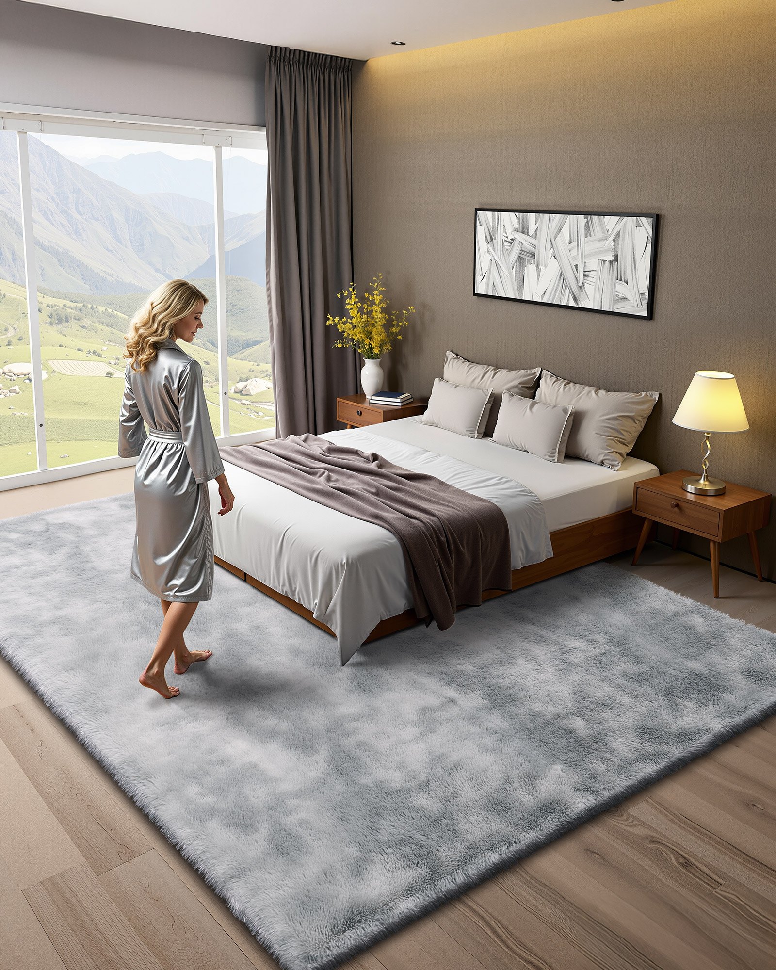 Indoor Plush Area Rugs, 2.74 x 3.66m Soft Plush Carpet, Furry Shag Area Rugs for Living Room, Bedroom, Modern Home Decor Aesthetic Long-Pile Rug, Non-Shedding, Slip-Resistant, Tie-Dye Light Gray