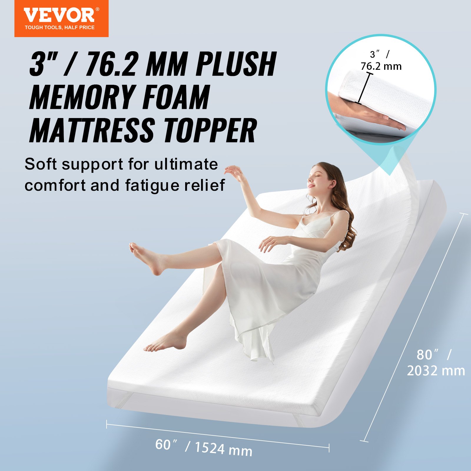 Mattress Topper, Queen Size, 76.2 mm Thickness, Soft Memory Foam Pad, Premium Cooling Gel Infusion, Detachable and Washable Casing, Compressed Package for Quick Setup, Comfy Support for Any Bed