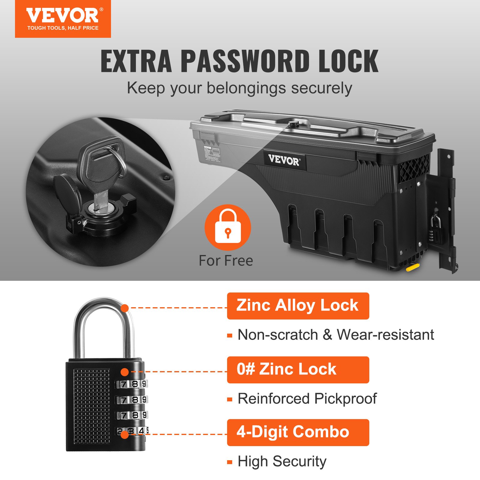 Truck Bed Storage Box, Lockable Swing Case with Password Padlock, 6.6 Gal/25 L ABS Wheel Well Tool Box, Waterproof and Durable, Compatible with Ford F-150 2015-2021, Passenger Side