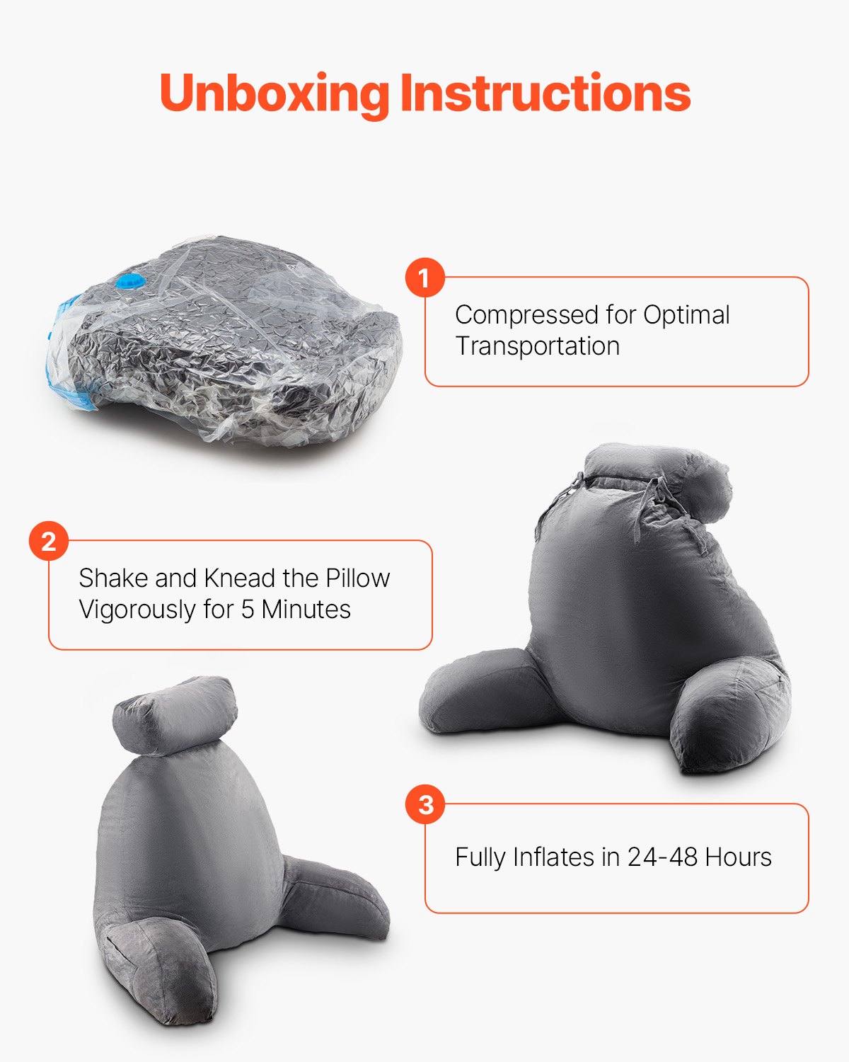 Reading Pillow, Large Bed Pillow with Removable Headrest, Back Pillow with 3 Pockets, Shredded Memory Foam and Washable Short Velvet Cloth, Side with Handles for Reading, Gaming, Resting, Grey