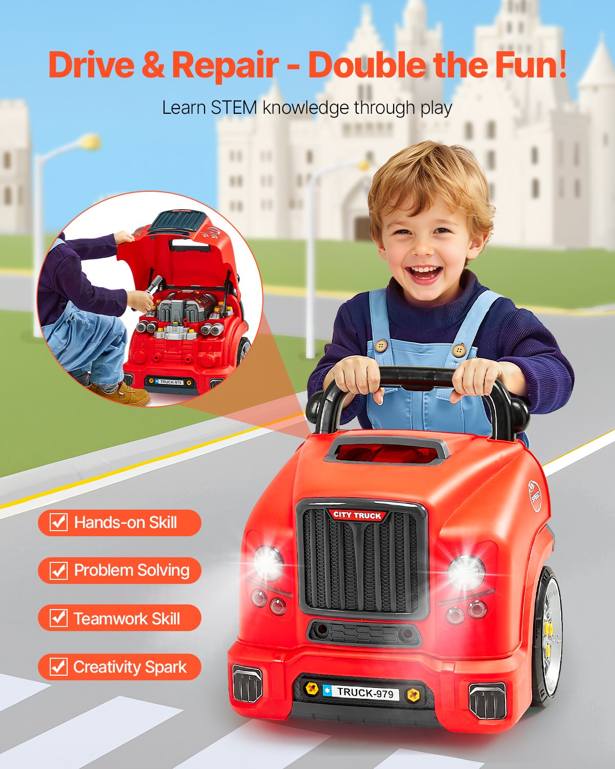 Engine Toy, 60 Pieces, Kids Mechanic Car Repair Set with Removable Parts, Lights and Sounds, Steering Wheel and Horn, Kids Mechanic Workshop Set for Toddler Ages 3 Years and Up, Red