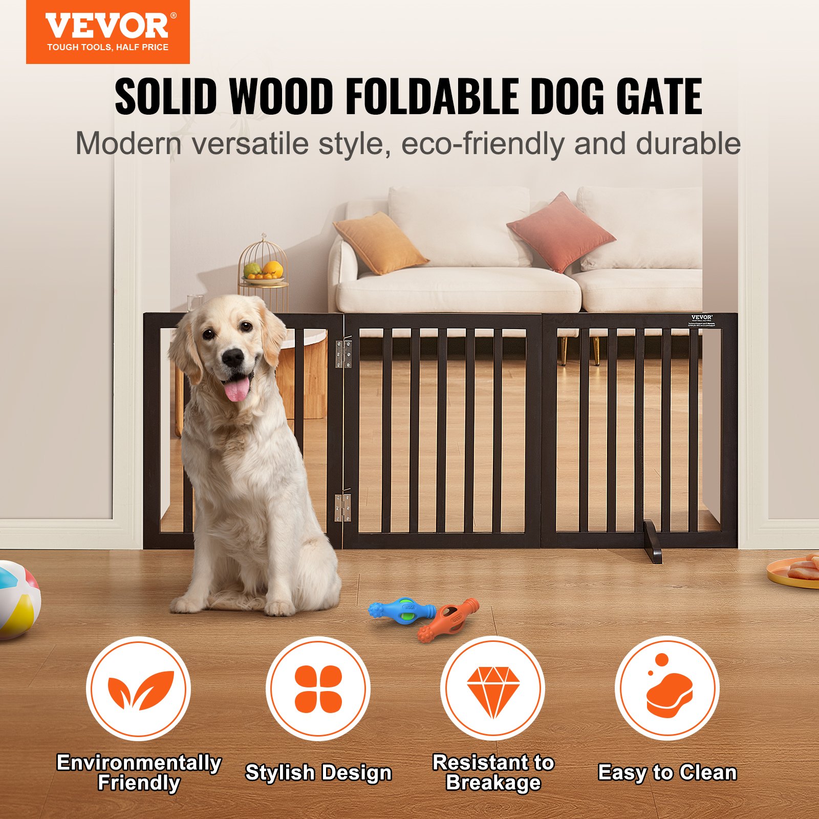 Free Standing Dog Gate, 24" H x 60" W Freestanding Pet Gate, 3 Panels Foldable Dog Gate for Wide and Narrow Passageways, Expandable Dog Barrier with Silent Foot Support for Indoor, Brown