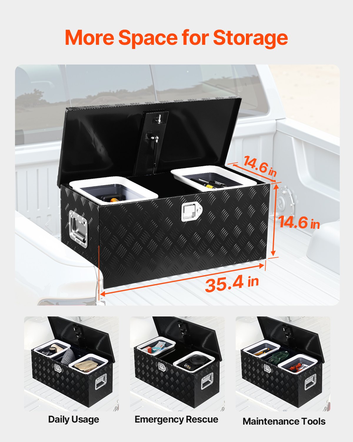 Heavy Duty Aluminum Truck Bed Tool Box, Stripes Plated Tool Box with Sliding Shelf, Side Handle, Lock & Keys, Storage Toolbox Chest for Trailer, Pickup, 35.4"x14.6"x14.6"(899x370x370mm), Black