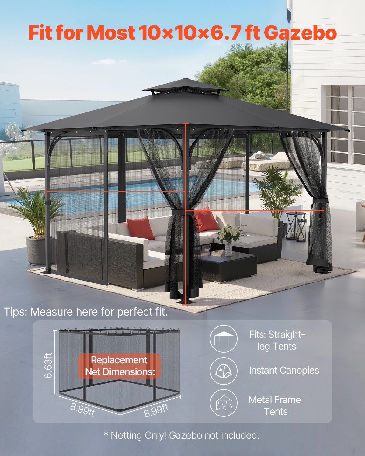 Gazebo Netting Replacement, Fit Most 10 x 10 x 6.7 FT Gazebo Curtain, Outdoor Garden Net, 4-Panel Sidewall Mesh Net, Patio Midge Nettings with Double Zipper, Canopy Screen (Netting Only)