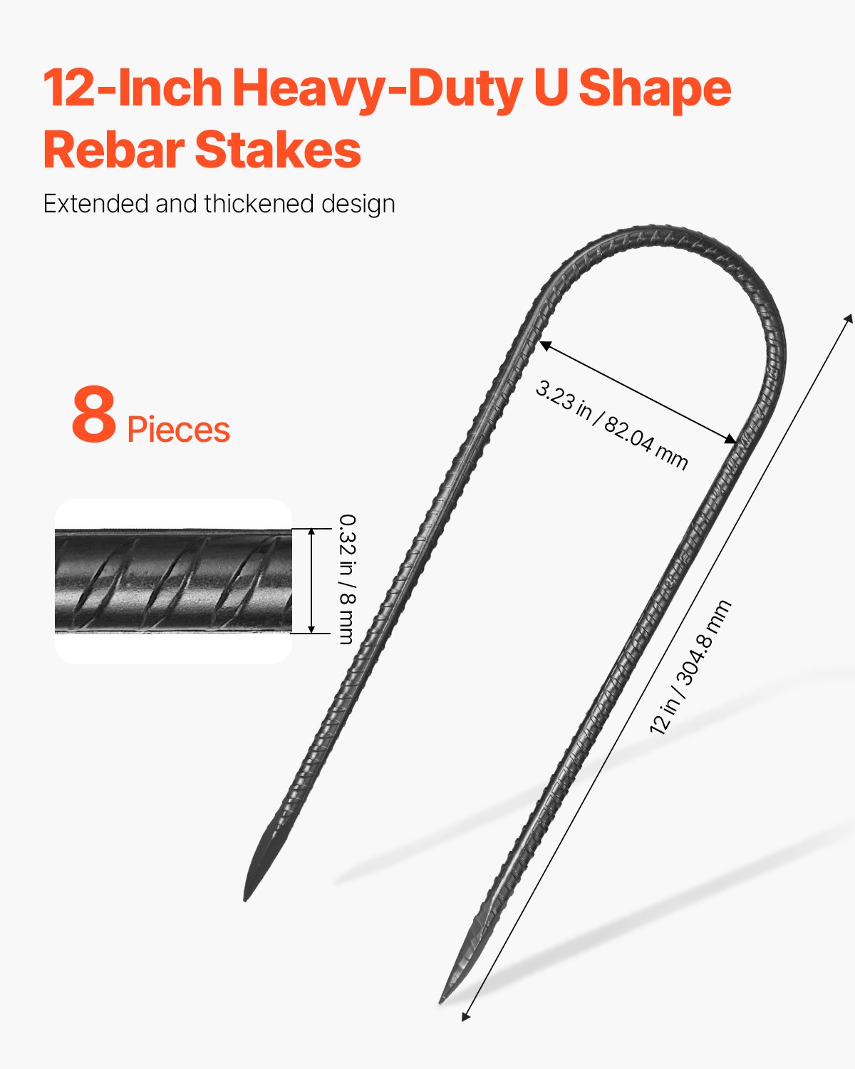 Rebar Stakes, 304.8 mm, Heavy-Duty 8 mm Diameter U Shape, Galvanized Steel Ground Anchors with Chisel Point End & Rust-Resistant Coating, for Gardening Support, Fence, Camping Tents (8-Pack)