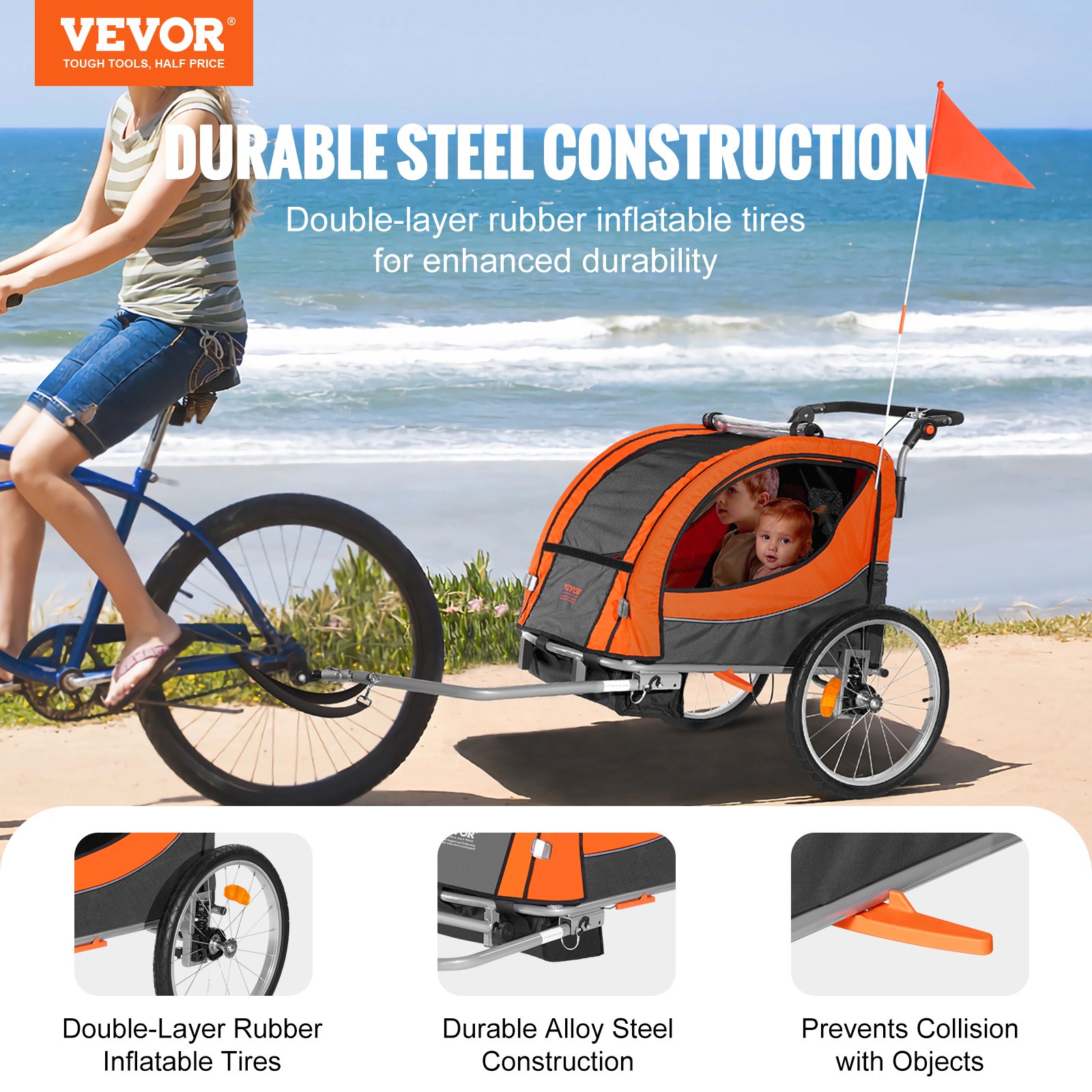 Bike Trailer for Toddlers, Kids, Double Seat, 40 kg Load, 2-In-1 Canopy Carrier Converts to Stroller, Tow Behind Foldable Child Bicycle Trailer with Universal Bicycle Coupler, Orange and Gray