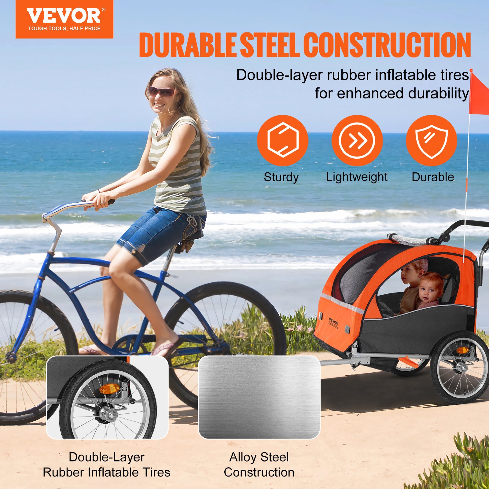Bike Trailer for Toddlers, Kids, Double Seat, 45 kg Load, 2-In-1 Canopy Carrier Converts to Stroller, Tow Behind Foldable Child Bicycle Trailer with Universal Bicycle Coupler, Orange and Gray