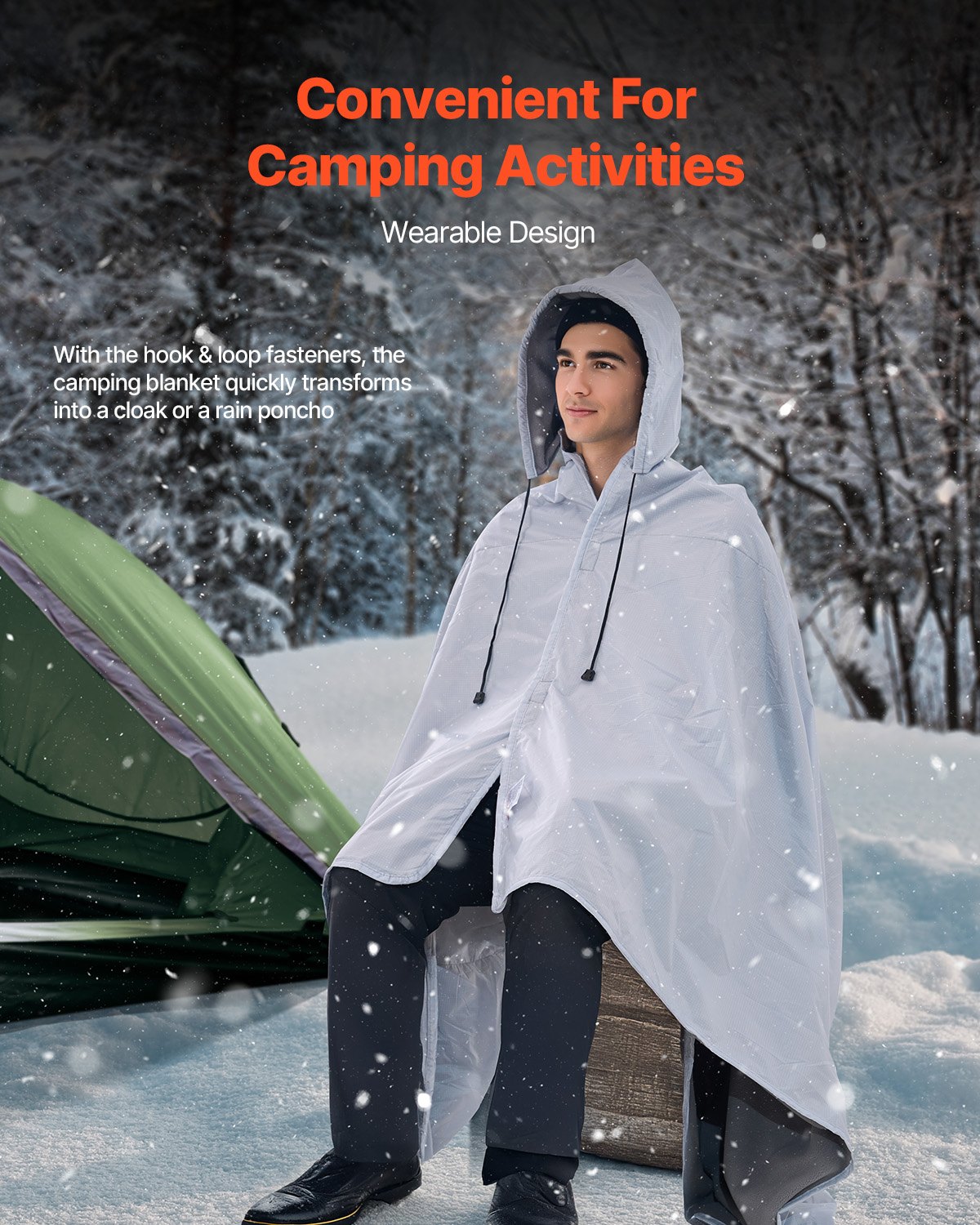 Camping Blanket, Warm Wearable Stadium Blanket, Waterproof & Windproof, Polyester Fleece, Flame Retardant, Great for Outdoors, Picnics, Hiking, Sports Events, Travel, 2 m x 1.5 m, Light Grey