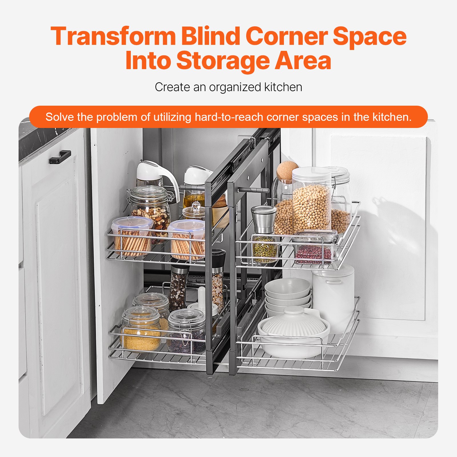 Min 15"W Opening Blind Corner Pull Out Organizer, 2 Tier 4 Shelf Kitchen Cabinet Organizer, Chrome Carbon Steel Storage Basket, Slide Out Storage Organizer, Left & Right Open Compatible