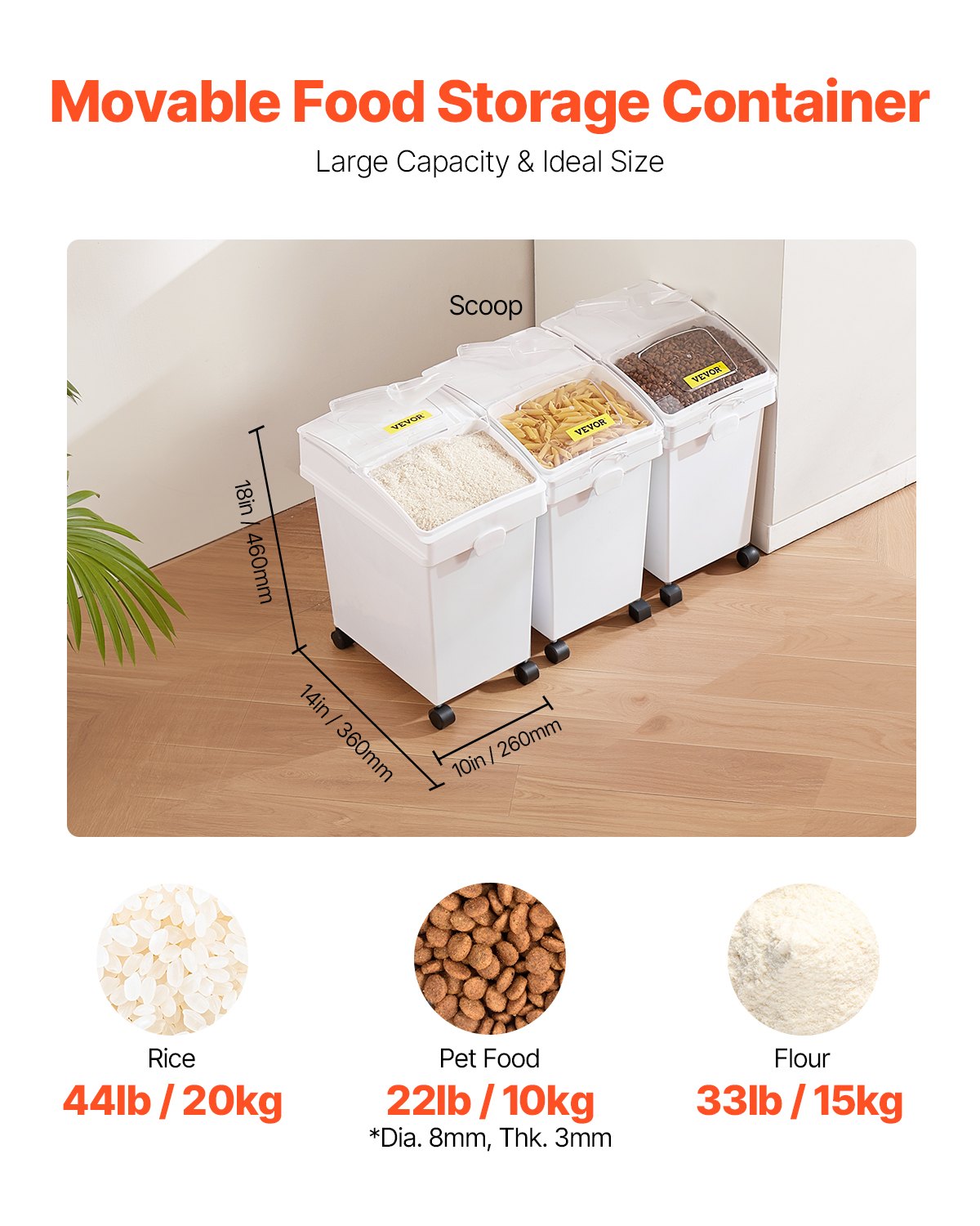 Ingredient Bin, 5.2 Gallon / 20 L Capacity Ingredient Storage Bin, 3 Pcs/Set, PP Material Flour Bins On Wheels, White Shelf Ingredient Bin with Scoop and Sliding Lid, Commercial Storage Bins