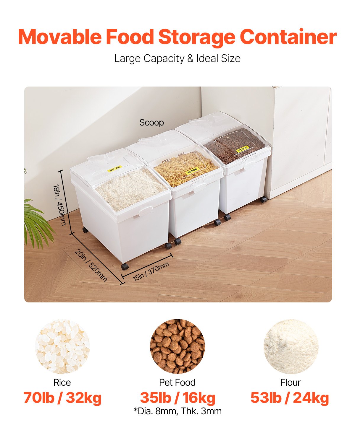 Ingredient Bin, 10.5 Gallons Capacity Ingredient Storage Bin, PP Material Flour Bins On Wheels, White Shelf Ingredient Bin with Scoop and Sliding Lid, Commercial Storage Bins 3 Pcs/Set