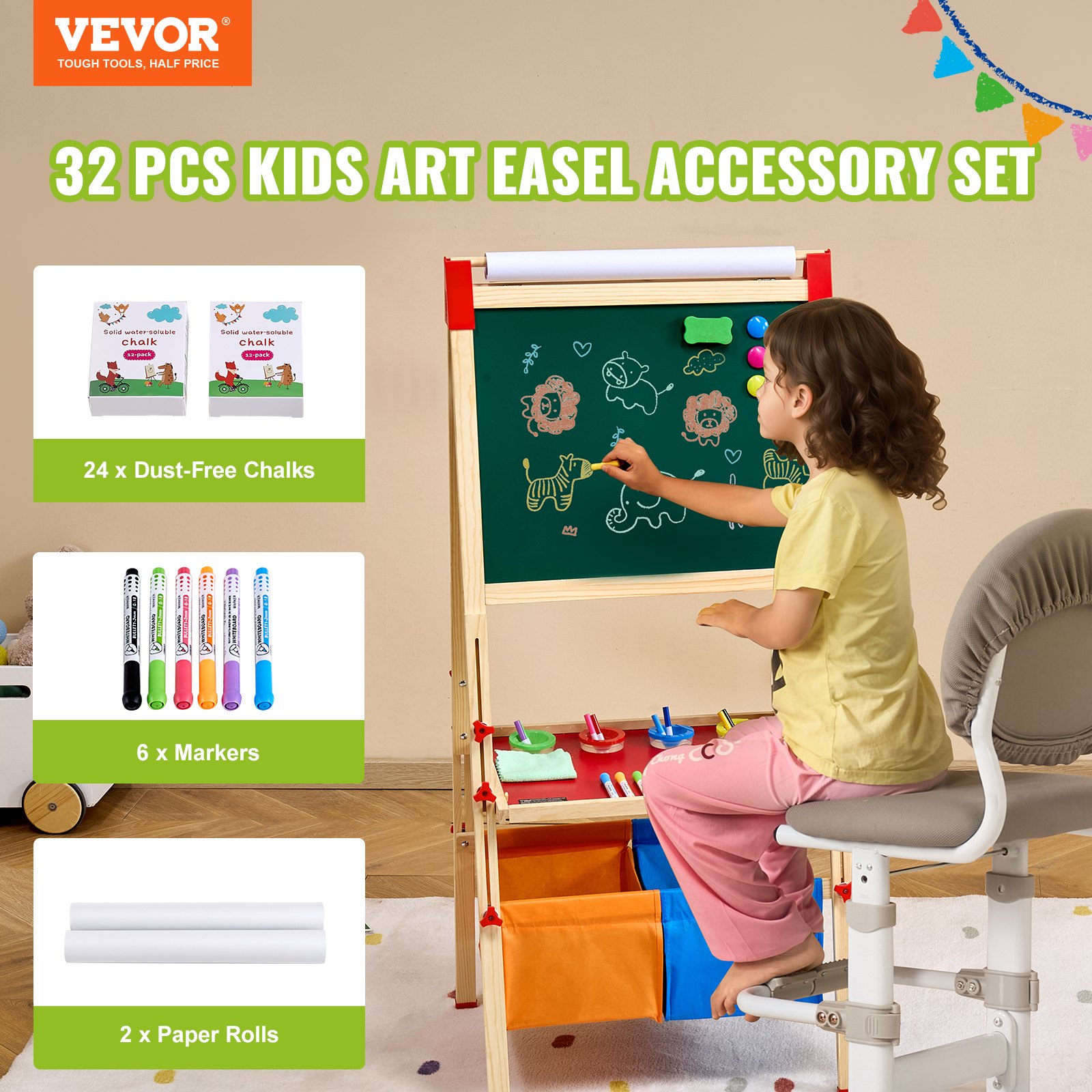 Easel Accessory Set, 32 PCS Kid's Art Easel Painting Kit Including Chalks, Dry-Erase Markers & Paper Rolls, Supplies Set for Standing Art Easel, Painting Accessories for Toddlers Boys and Girls