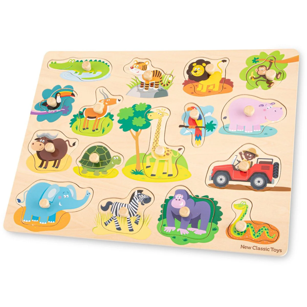 New Classic Toys Wooden Safari Peg Puzzle with 16 Pieces Animal Learning Toy