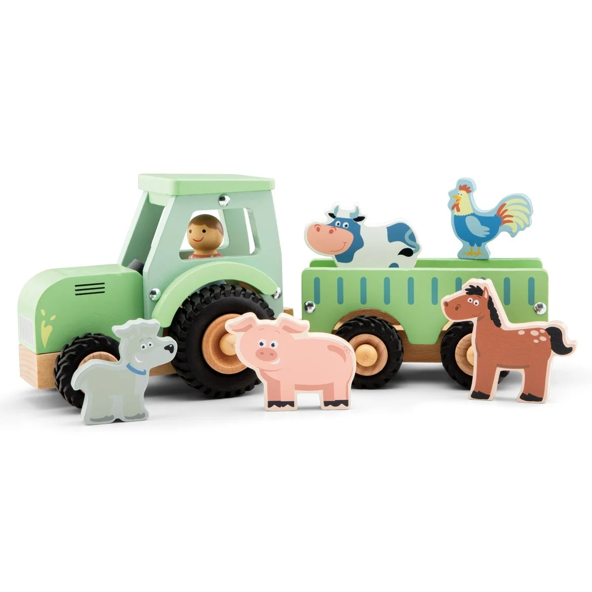 New Classic Toys Wooden Tractor with Trailer and Farm Animals Large Farmyard Toy Set.