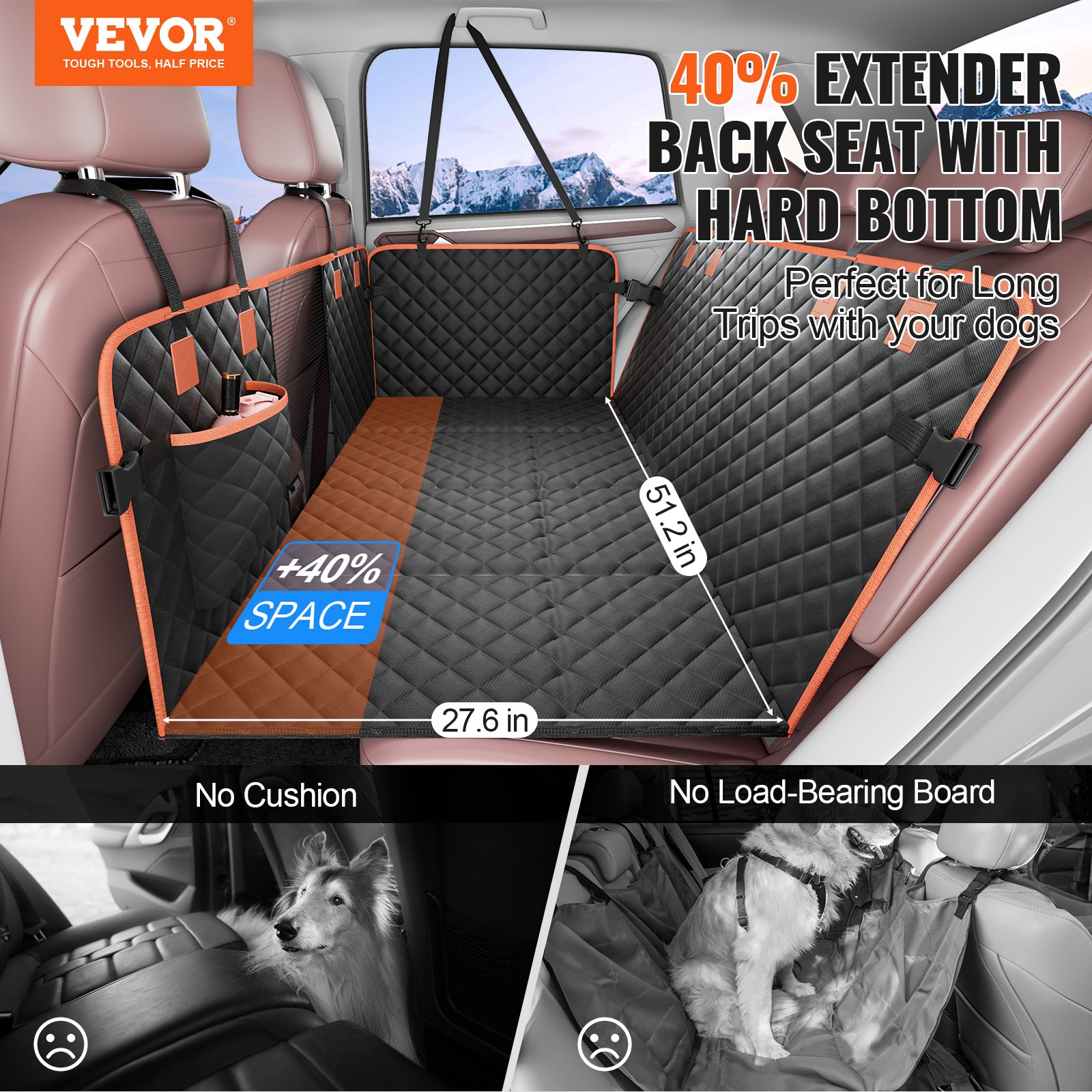 Back Seat Extender for Dogs, Dog Hammock for Car Back seat,Dog Car Seat Cover with Hard Bottom Dog Car Seat Bed 51.2"x27.6",Supports 350lb with Mesh Window and Storage Pocket for Car, SUV,Truck