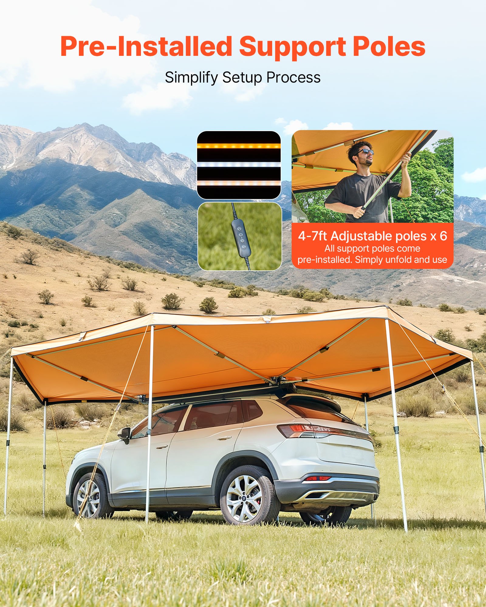 270 Degree Awning with Bulit-in LED Lights, 12.4 ㎡ Driver Side Vehicle Awning, Waterproof UV50+ Car Side Awnings, All-Weather Free-Standing Overland Awnings Car Shelter for SUV Truck Camping