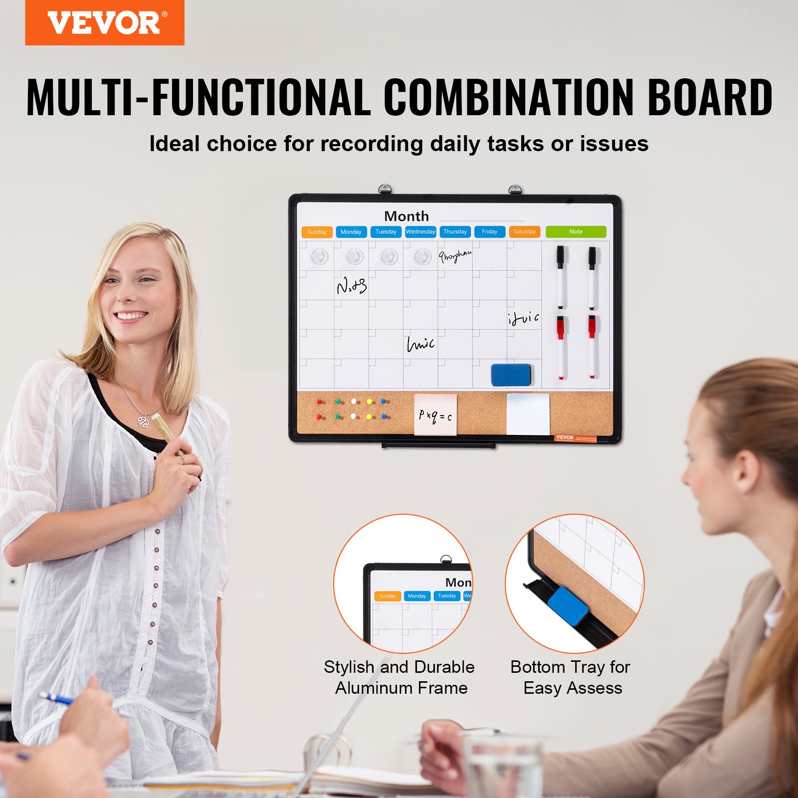 24"x 18" Monthly Calendar Whiteboard & Cork Board Combo with Aluminum Frame – 2-in-1 Magnetic Dry Erase Bulletin Board for Wall Mount – Ideal for School, Home, Office
