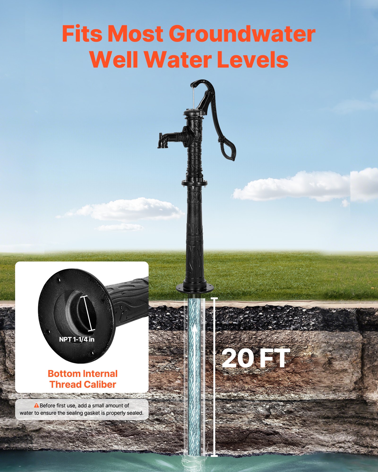Well Hand Pitcher Pump, 20 ft Max Lift, Antique Cast Iron Manual Hand Water Pump with Heightening Base, NPT 1-1/4 in Connection, Easy Installation, for Outdoor Garden, Pond, Yard, Farm, Black