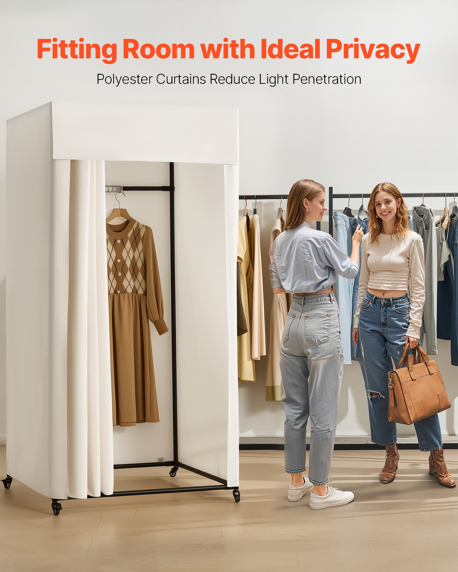 Fitting Room, Moveable Dressing Room with Thick Curtains, Privacy Space with Casters and a Sturdy Metal Hook, for Boutique, Mall, Tailor's Store & Outdoor (99 x 99 x 204.5 cm, Black and Beige)