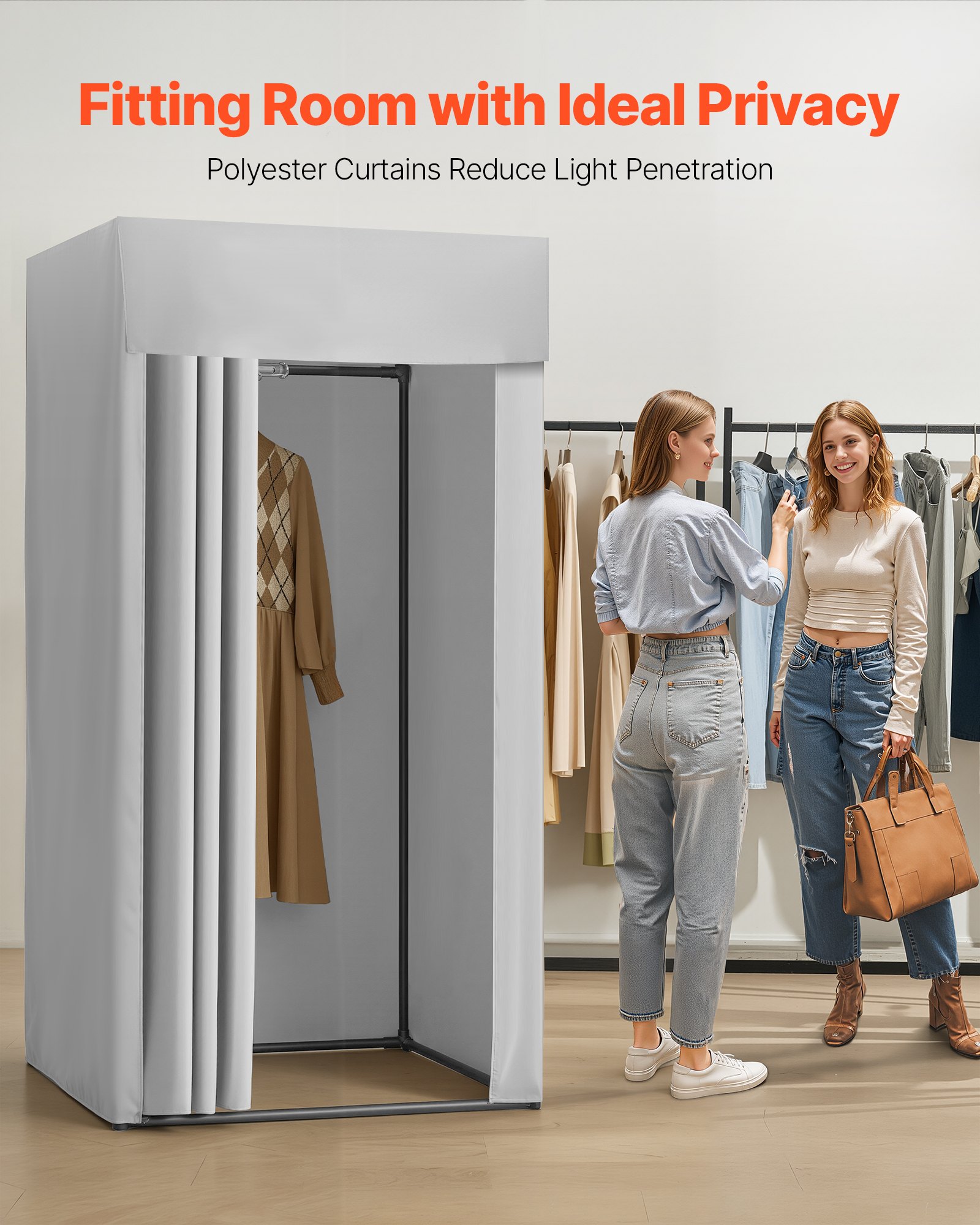 Fitting Room, Dressing Room with Thick Polyester Curtains, Privacy Space with Shading Curtain and a Hook, for Boutique, Mall, Tailor's Store & Outdoor 99 x 99 x 198 cm (Black and Gray-White)