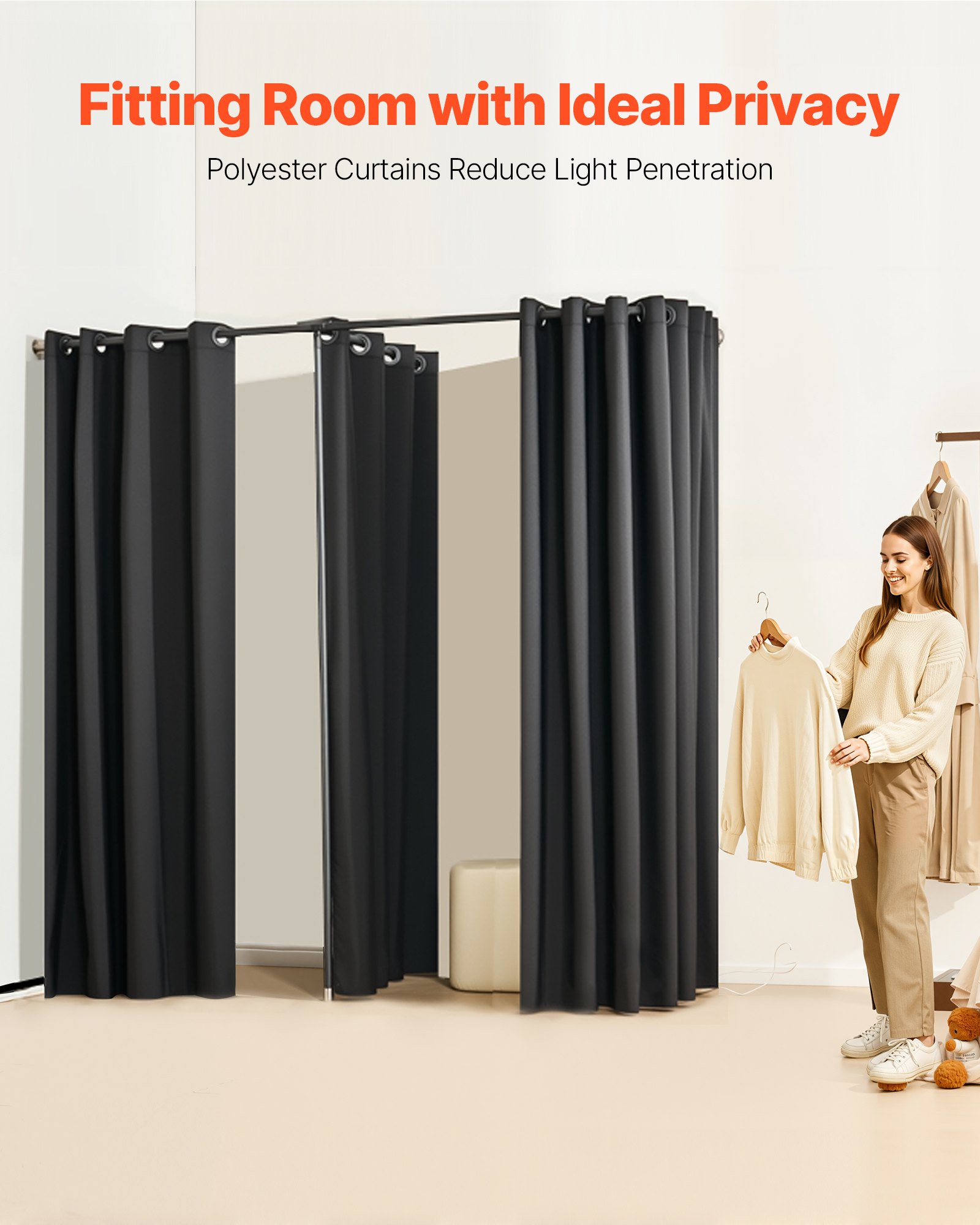 Fitting Room, Portable Changing Room with Thick Polyester Curtains, Double Dressing Rooms with Partition Curtains, for Boutique, Mall, Studio, Tailor's Store & Office 200 x 100 x 200 cm (Black)