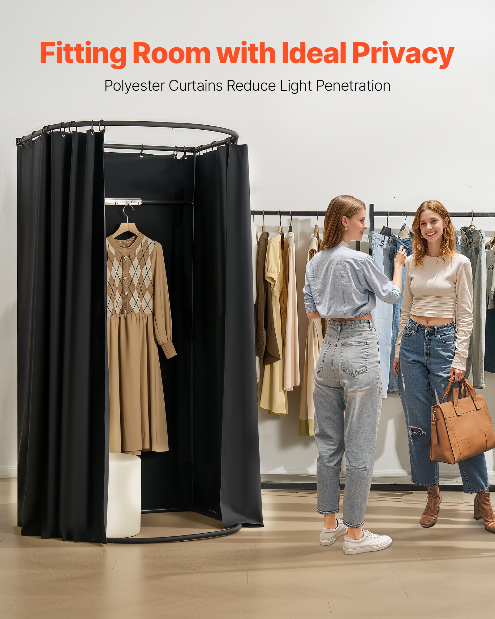 Fitting Room, Portable Dressing Room with Thick Polyester Curtains, Privacy Space with Shading Curtain and a Hook, for Boutique, Mall, Tailor's Store & Outdoor Activity 100 x 95 x 200 cm (Black)