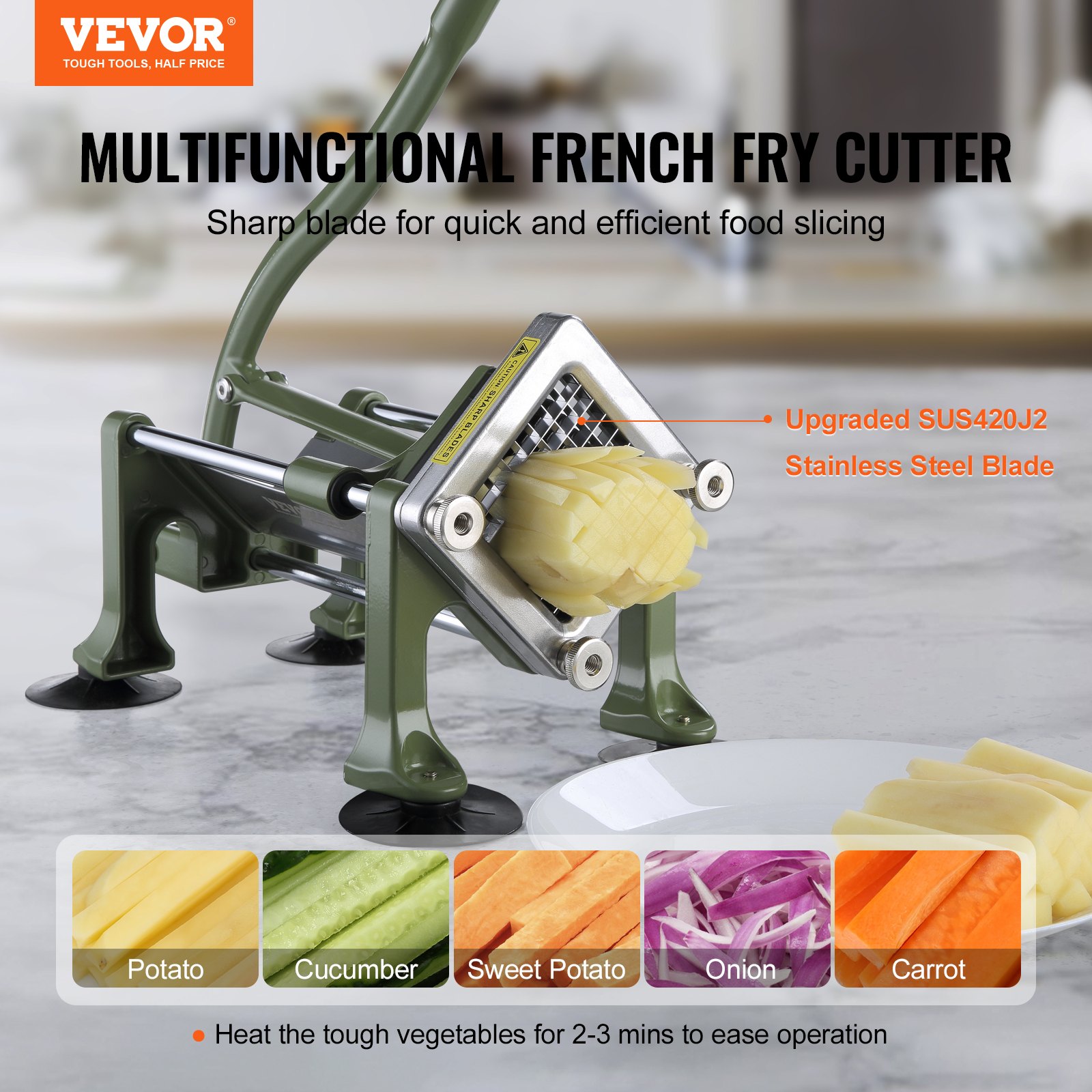 French Fry Cutter, Potato Slicer with 3/8-Inch Stainless Steel Blade, Manual Potato Cutter Chopper with Suction Cups, Great for Potato, French Fries, Cucumber, Vegetables, Carrot
